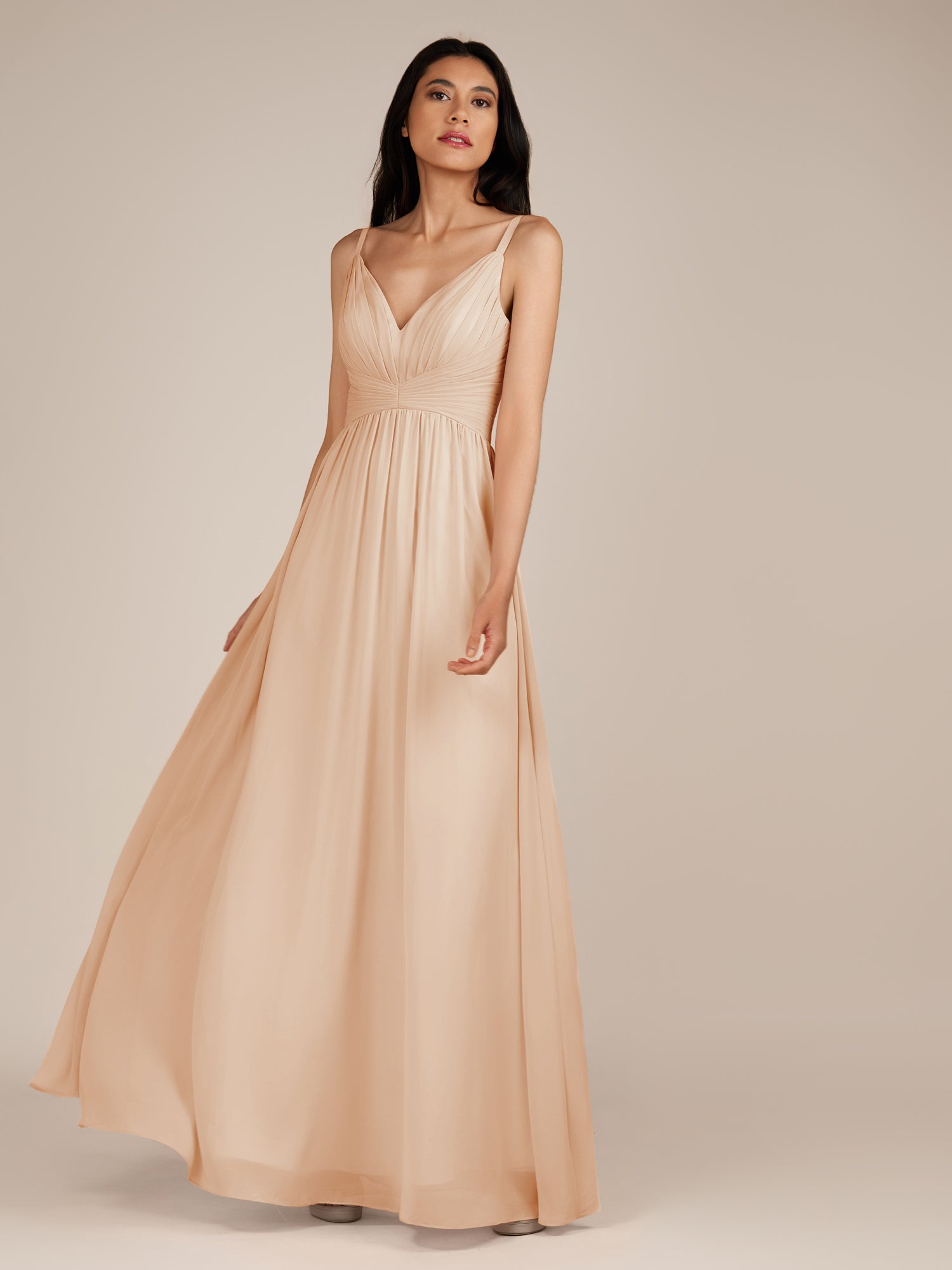KissDress-Ophelia Neutral Champagne A Line Chiffon V Neck Long Bridesmaid Dress with Pleats