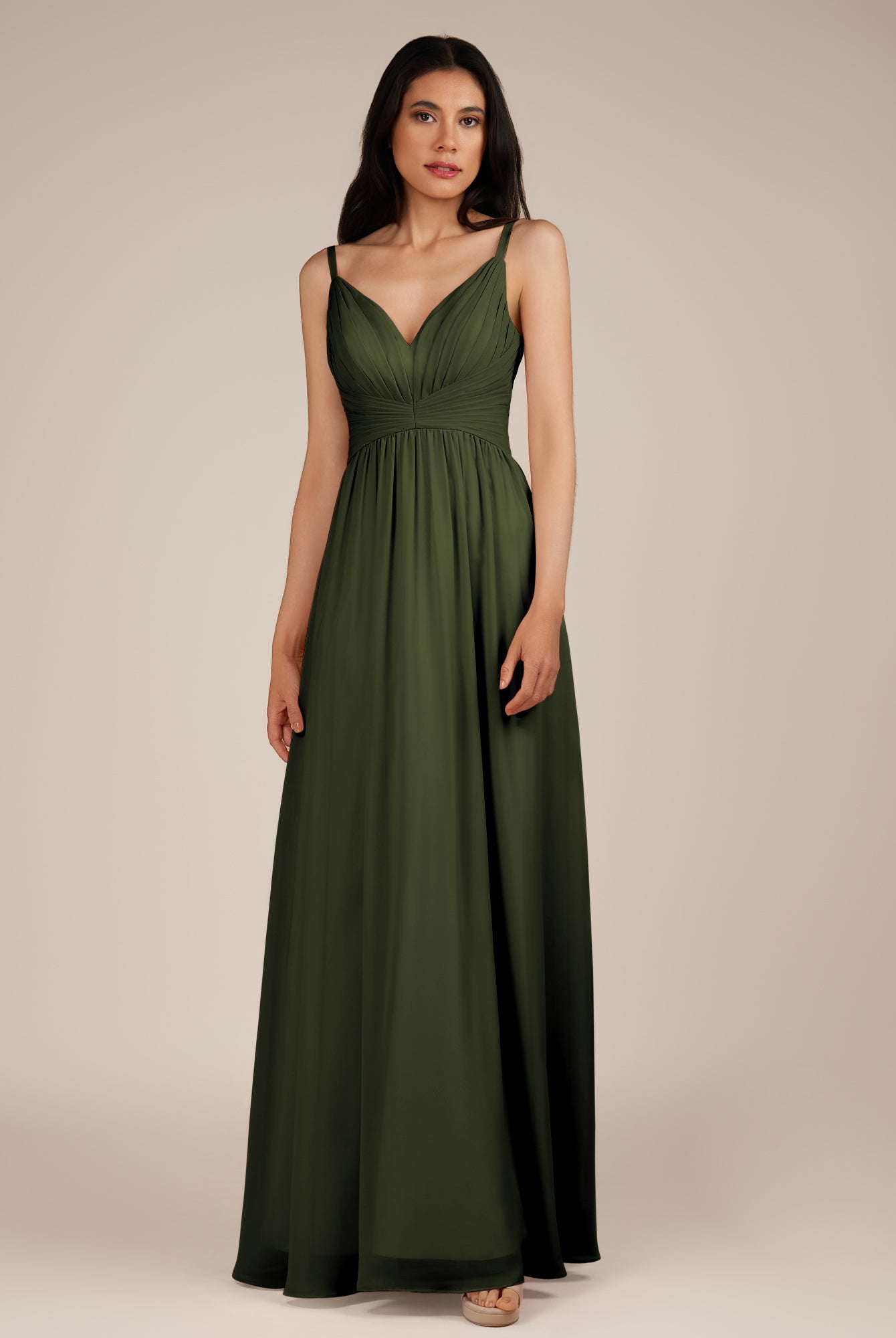 KissDress-Ophelia Olive A Line Chiffon V Neck Long Bridesmaid Dress with Pleats