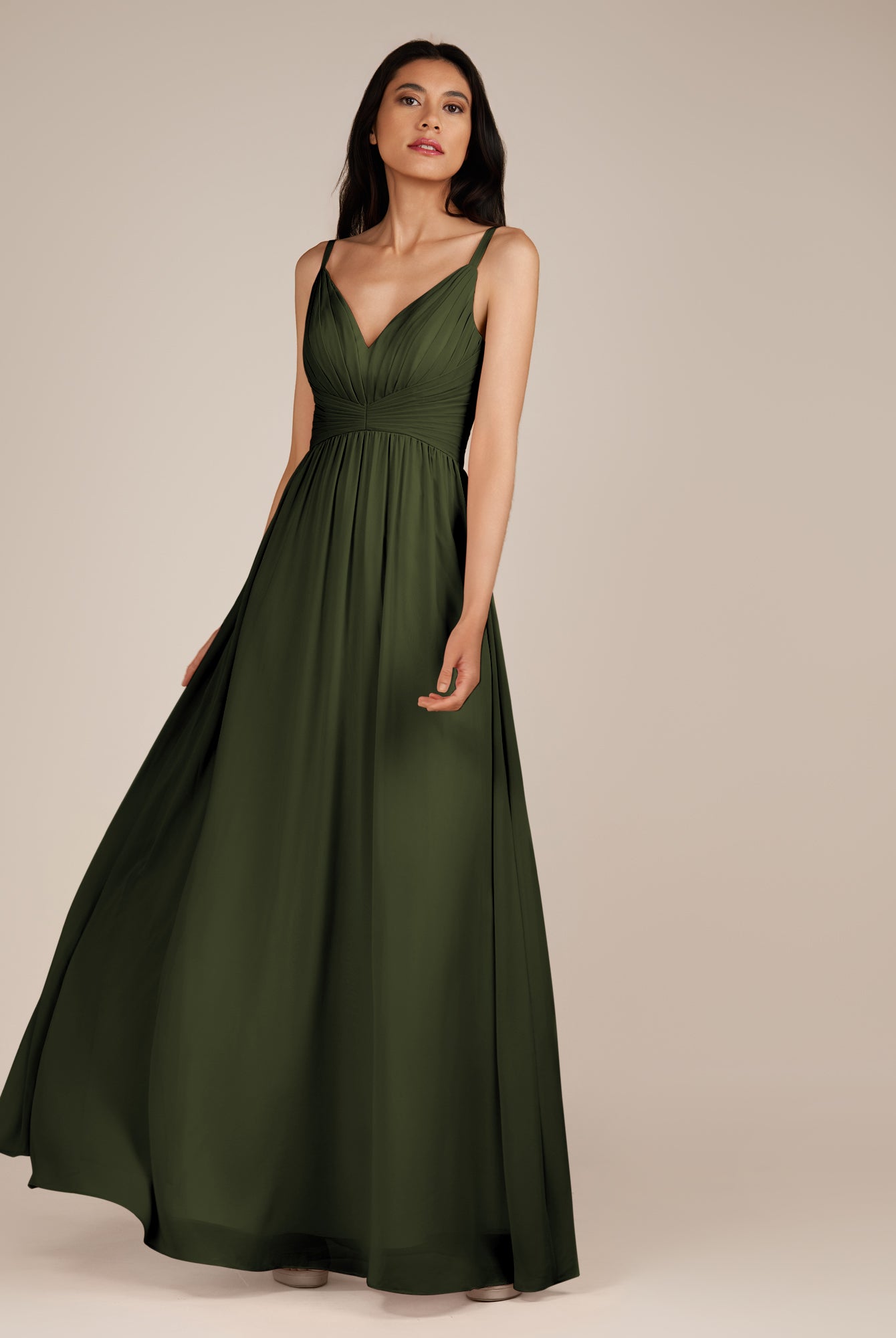 KissDress-Ophelia Olive A Line Chiffon V Neck Long Bridesmaid Dress with Pleats