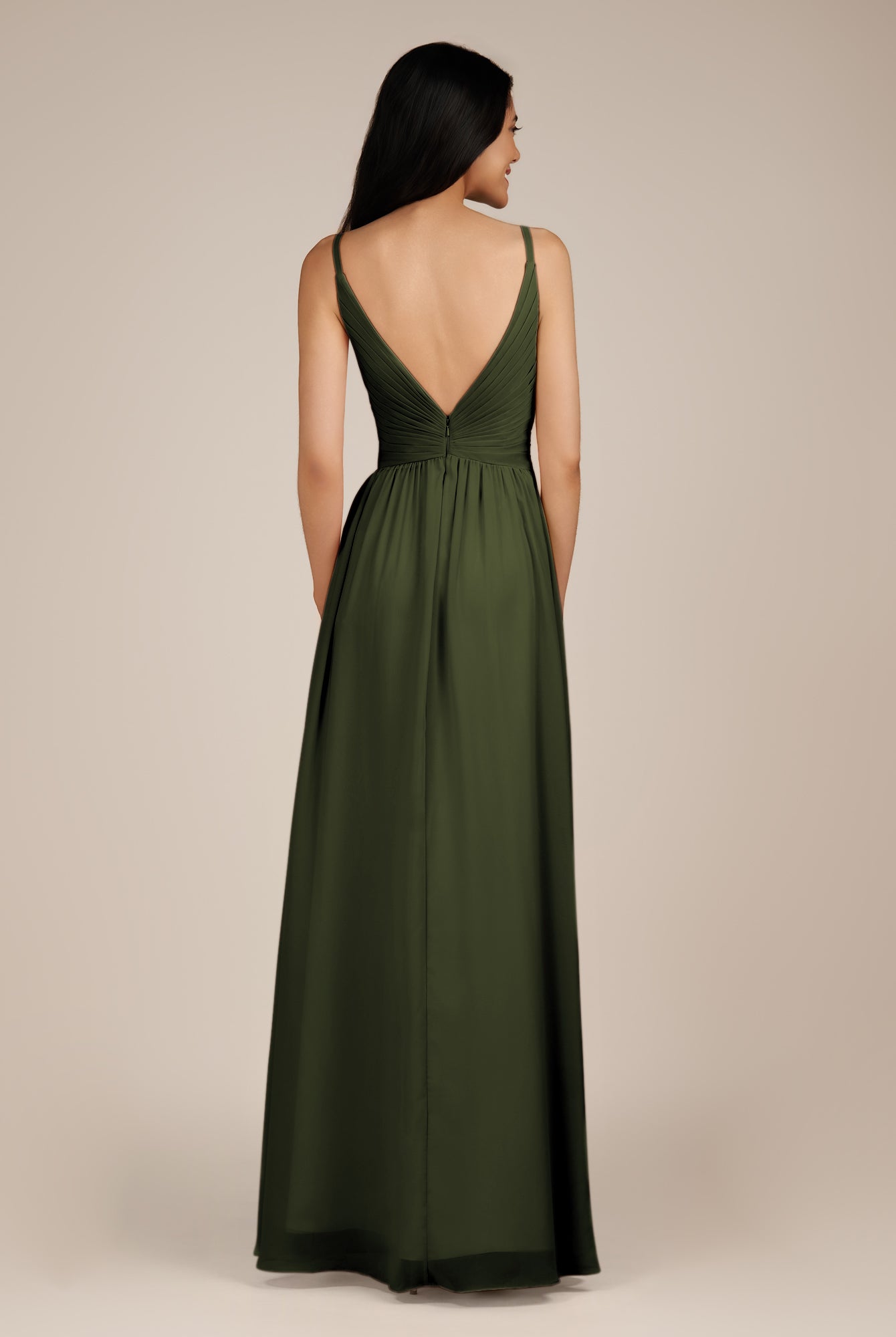 KissDress-Ophelia Olive A Line Chiffon V Neck Long Bridesmaid Dress with Pleats