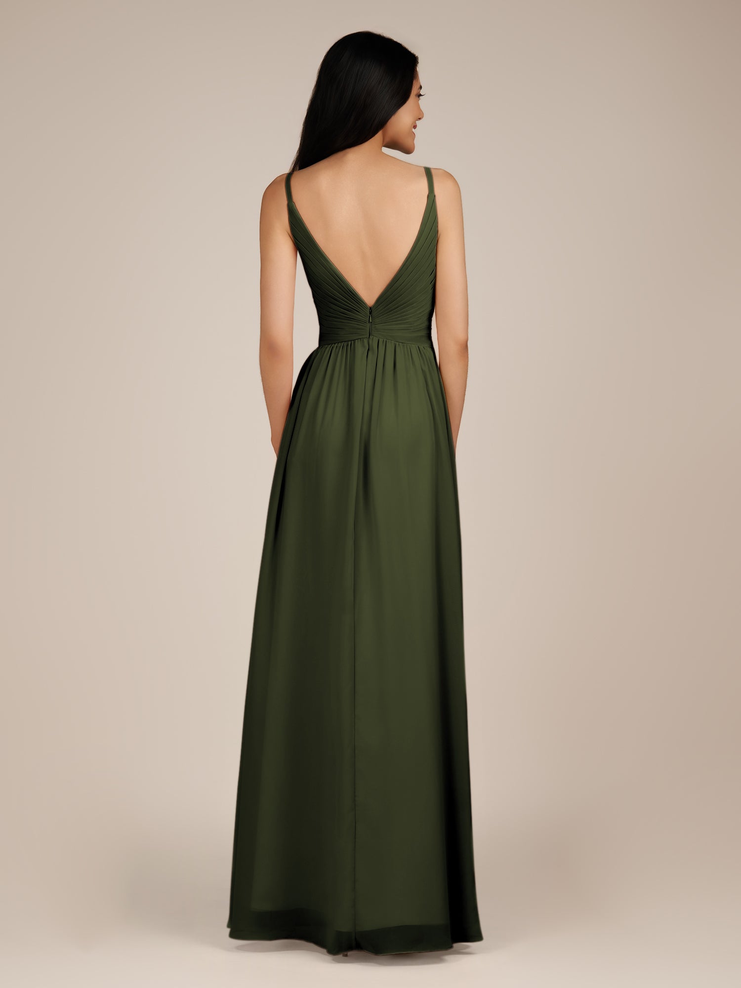 KissDress-Ophelia Olive A Line Chiffon V Neck Long Bridesmaid Dress with Pleats