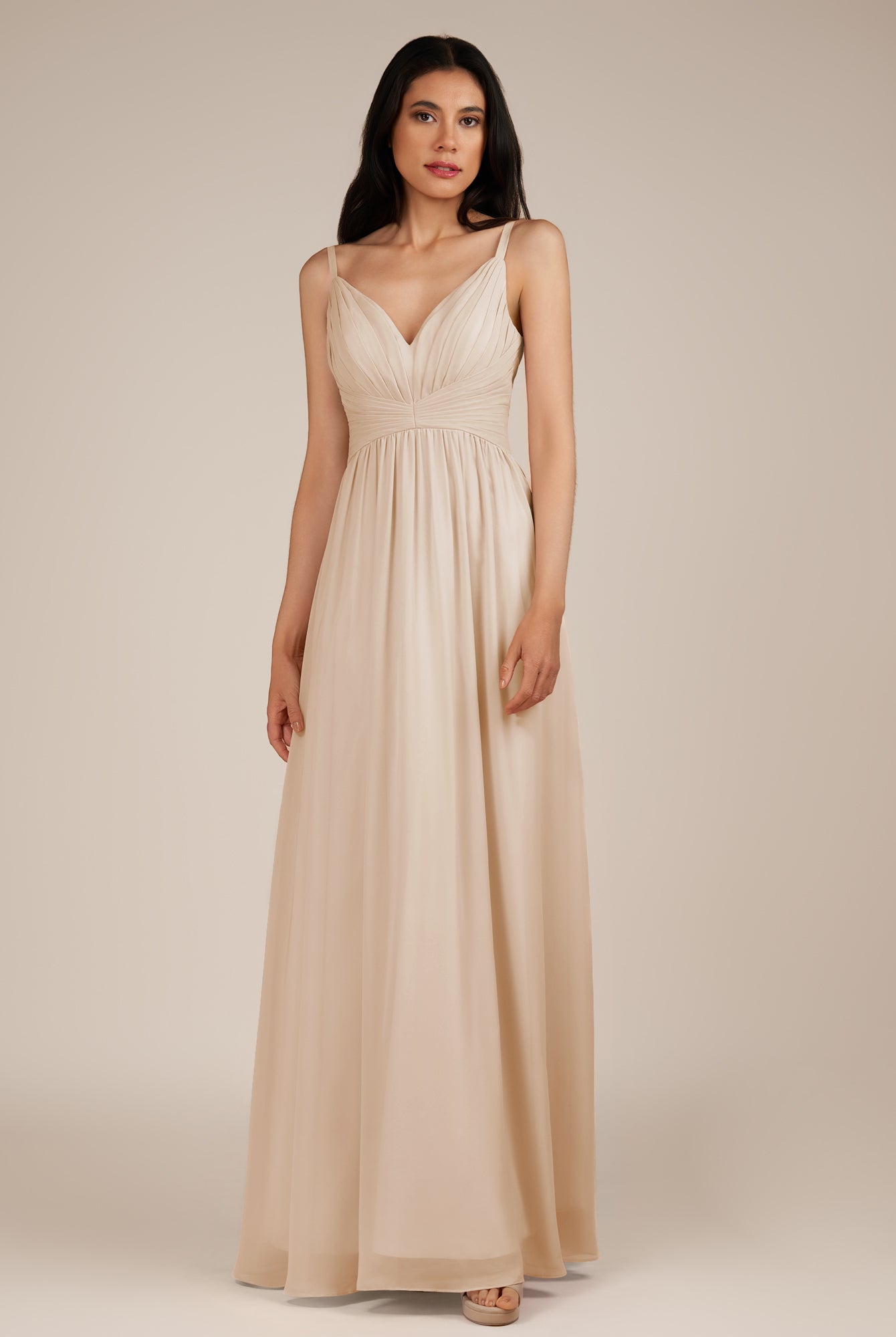 KissDress-Ophelia Pale Blush A Line Chiffon V Neck Long Bridesmaid Dress with Pleats