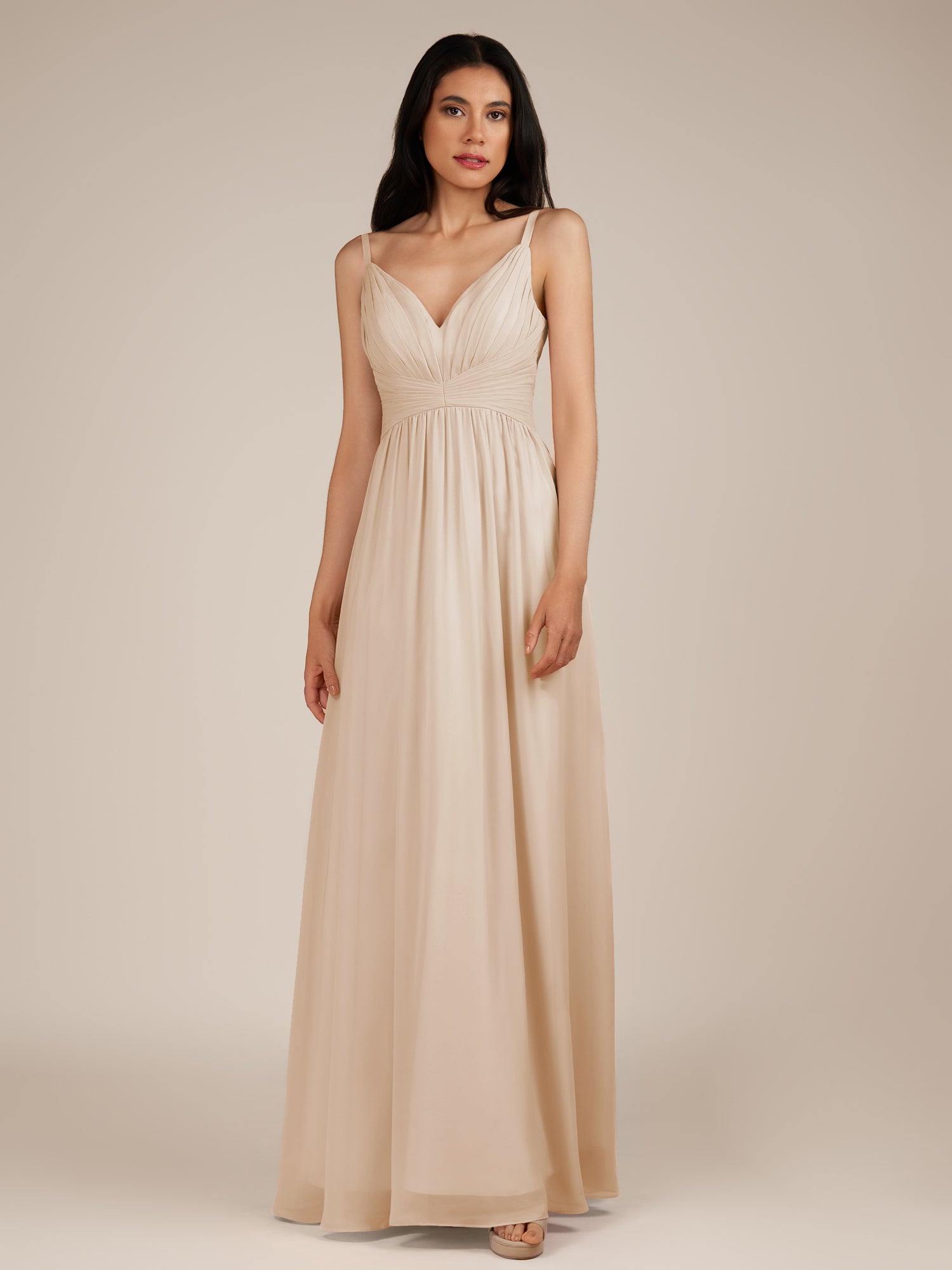 KissDress-Ophelia Pale Blush A Line Chiffon V Neck Long Bridesmaid Dress with Pleats