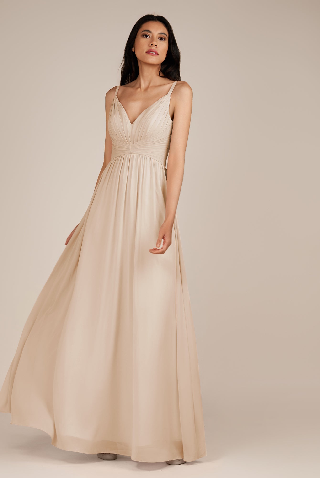 KissDress-Ophelia Pale Blush A Line Chiffon V Neck Long Bridesmaid Dress with Pleats