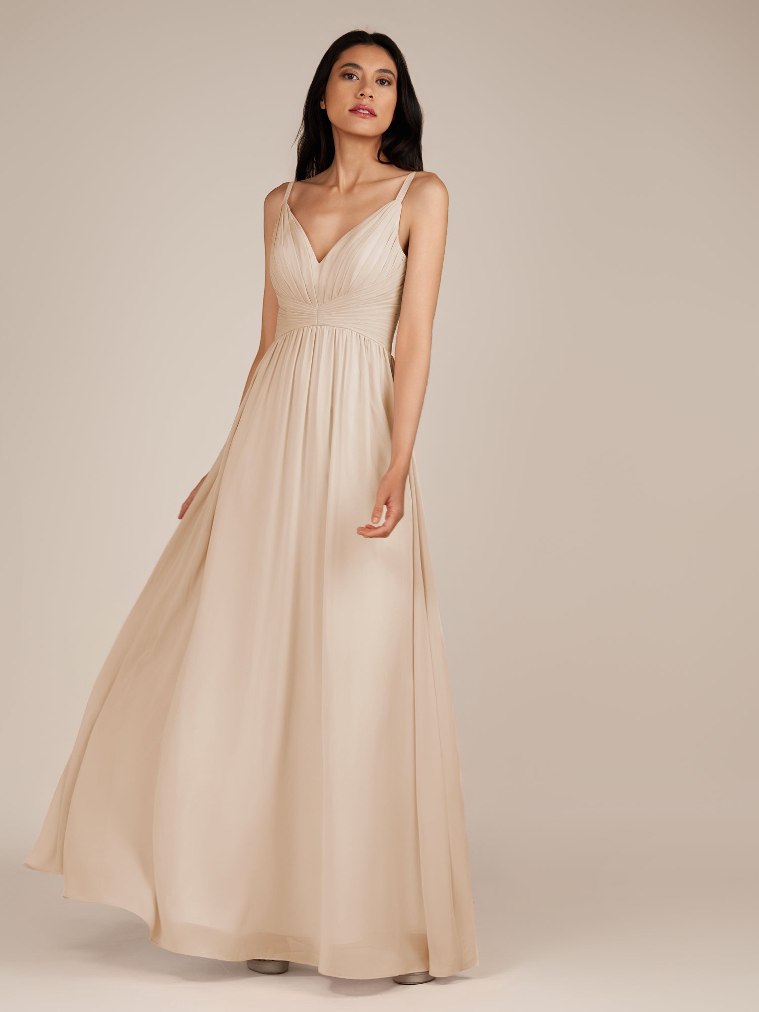 KissDress-Ophelia Pale Blush A Line Chiffon V Neck Long Bridesmaid Dress with Pleats