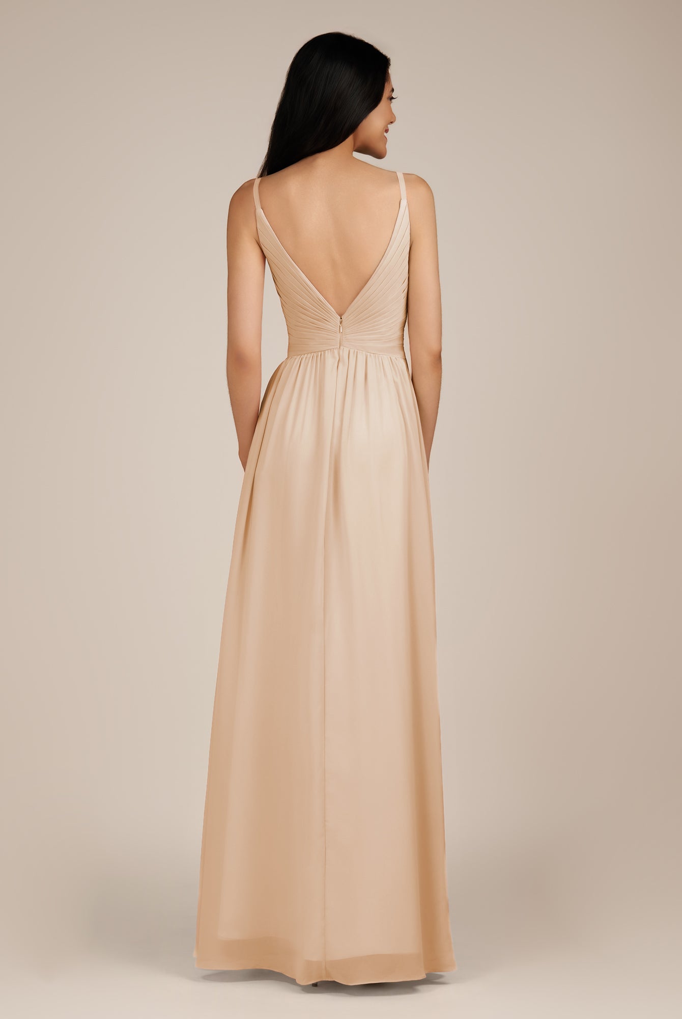 KissDress-Ophelia Pale Blush A Line Chiffon V Neck Long Bridesmaid Dress with Pleats