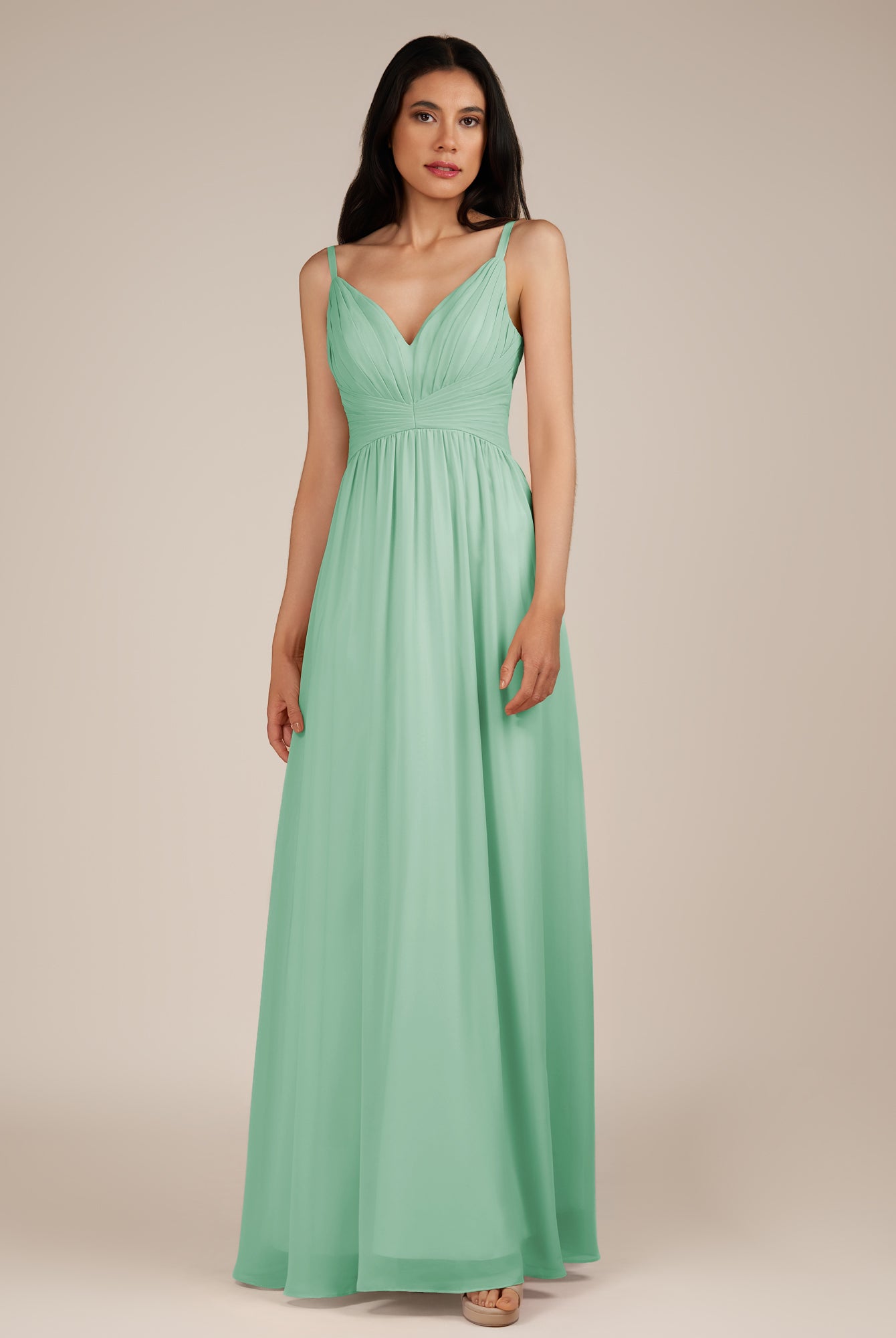 KissDress-Ophelia Pale Pistachio A Line Chiffon V Neck Long Bridesmaid Dress with Pleats
