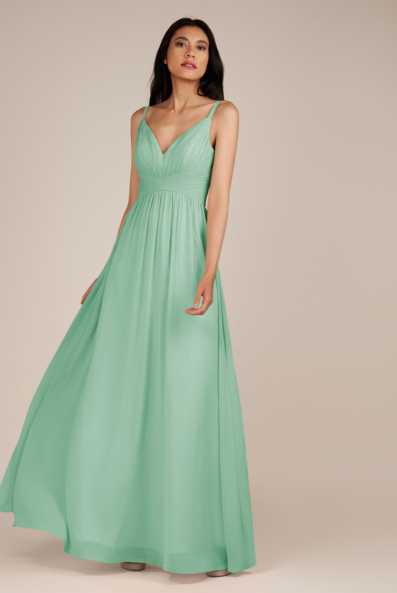 KissDress-Ophelia Pale Pistachio A Line Chiffon V Neck Long Bridesmaid Dress with Pleats