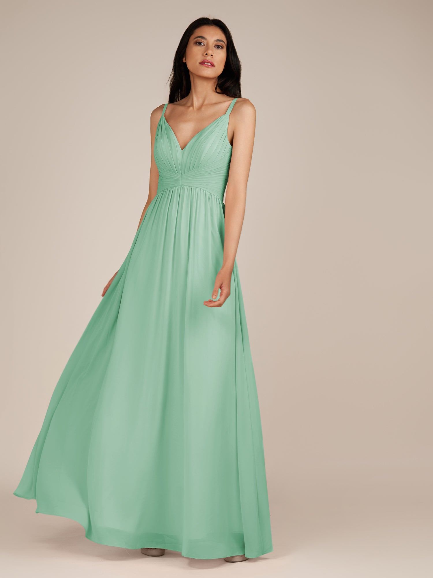 KissDress-Ophelia Pale Pistachio A Line Chiffon V Neck Long Bridesmaid Dress with Pleats