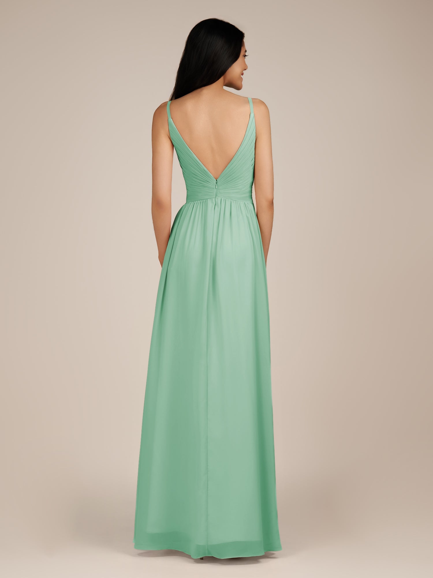 KissDress-Ophelia Pale Pistachio A Line Chiffon V Neck Long Bridesmaid Dress with Pleats