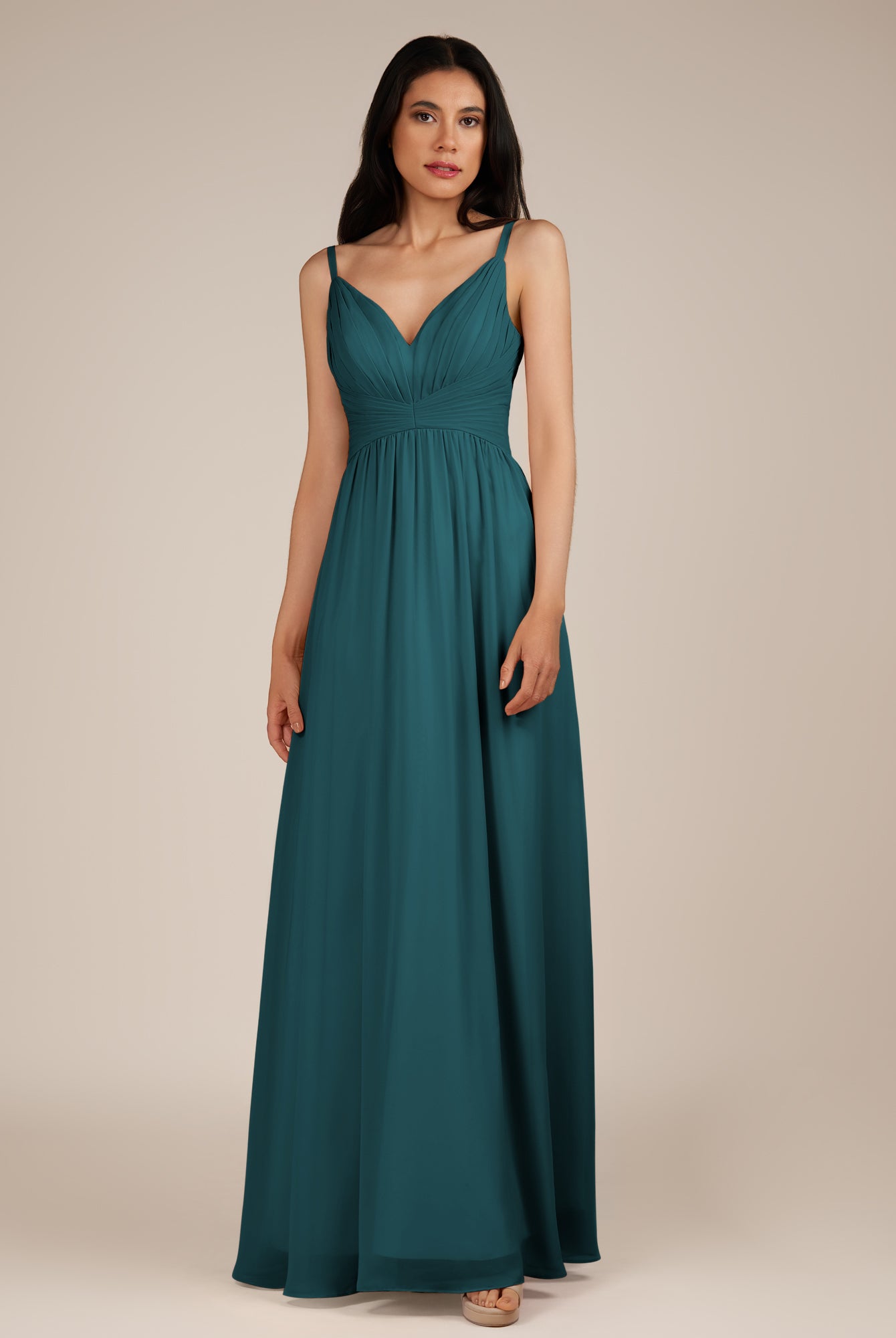 KissDress-Ophelia Pine A Line Chiffon V Neck Long Bridesmaid Dress with Pleats