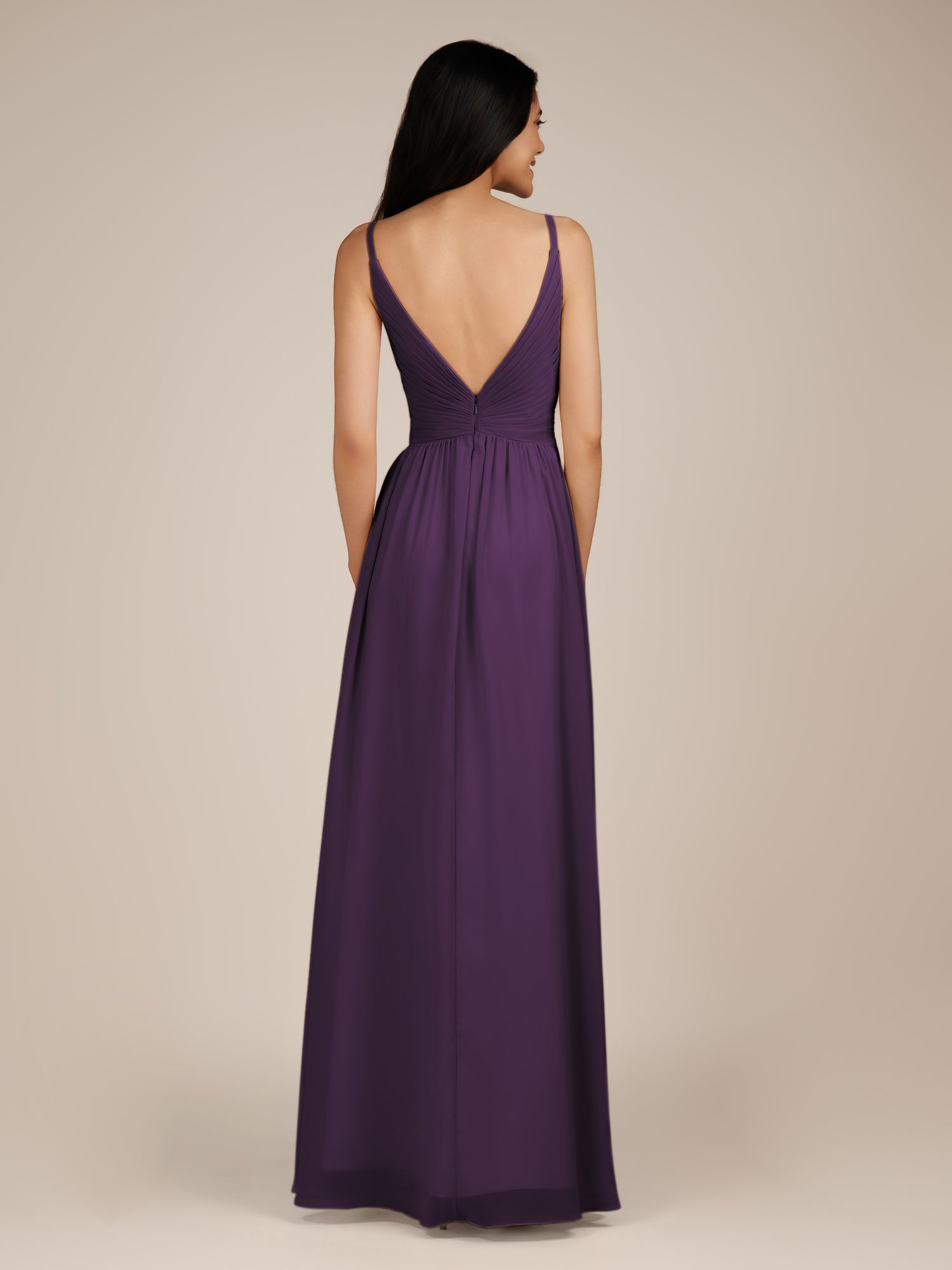 KissDress-Ophelia Plum A Line Chiffon V Neck Long Bridesmaid Dress with Pleats