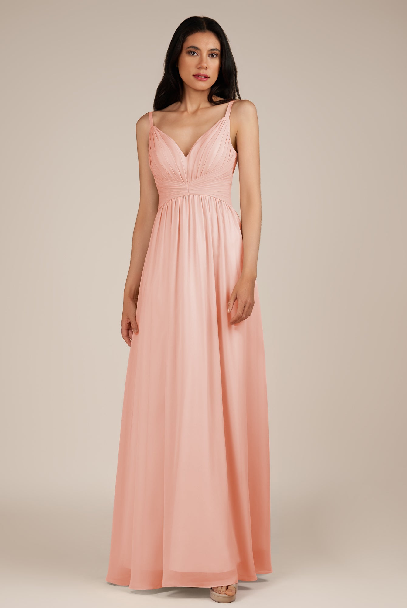 KissDress-Ophelia Rose Petal A Line Chiffon V Neck Long Bridesmaid Dress with Pleats