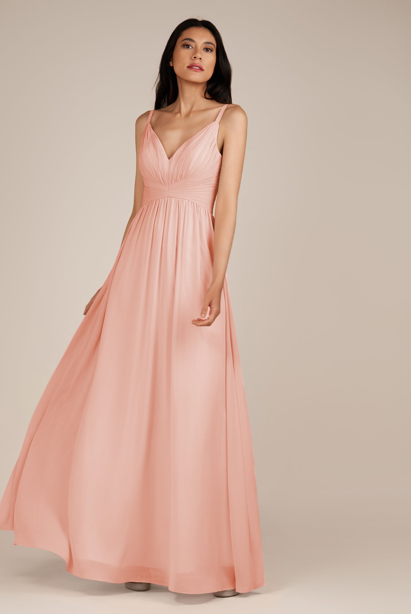 KissDress-Ophelia Rose Petal A Line Chiffon V Neck Long Bridesmaid Dress with Pleats