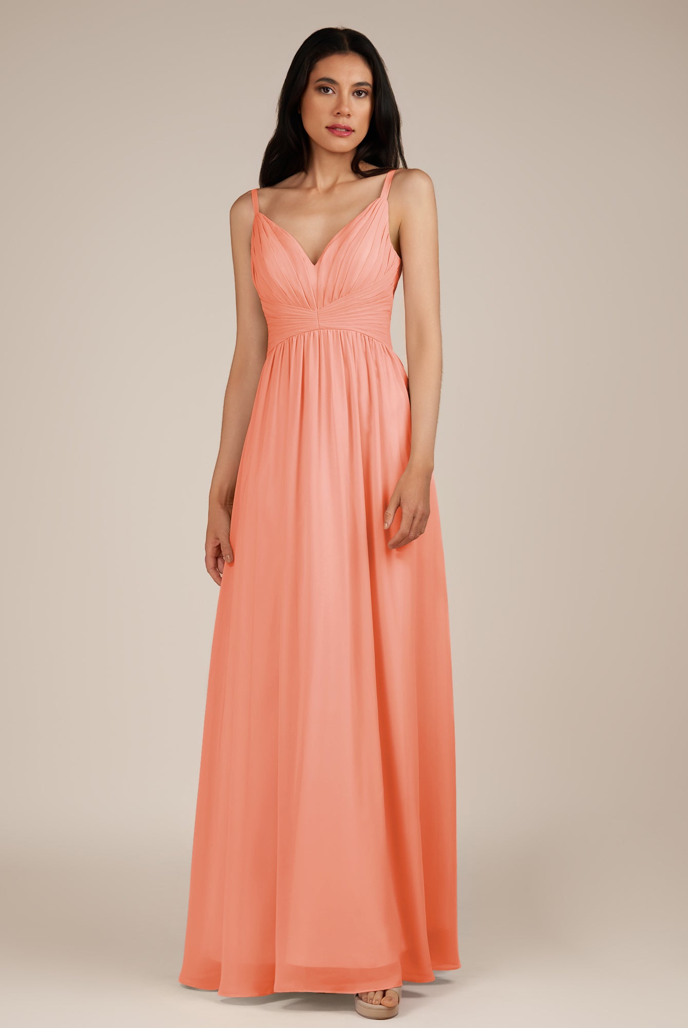 KissDress-Ophelia Rosette A Line Chiffon V Neck Long Bridesmaid Dress with Pleats