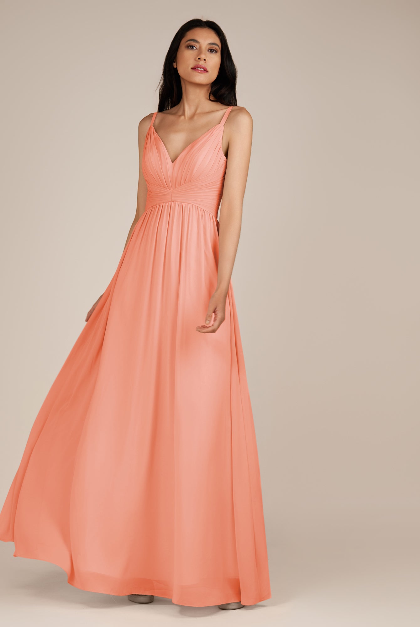 KissDress-Ophelia Rosette A Line Chiffon V Neck Long Bridesmaid Dress with Pleats