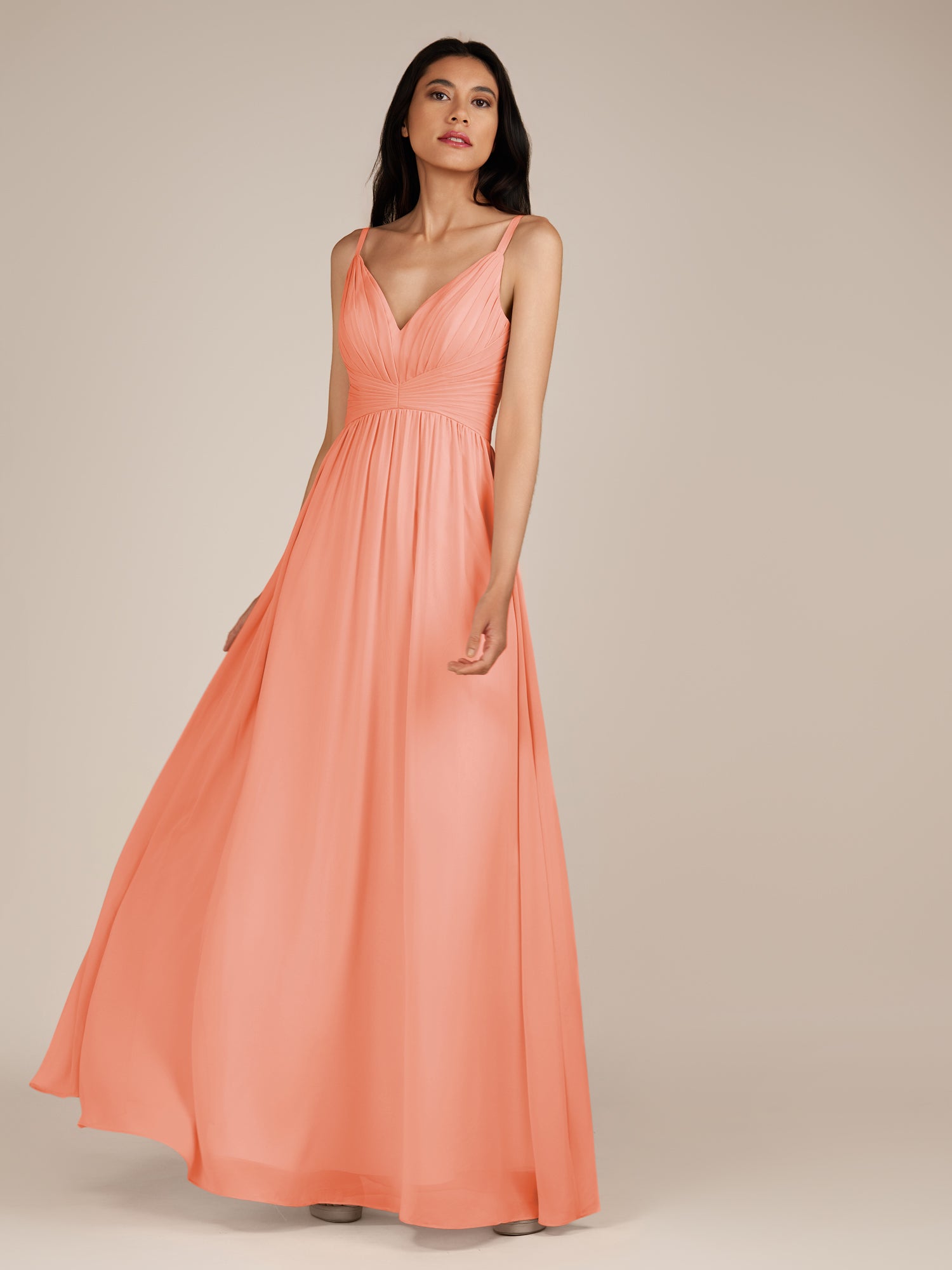 KissDress-Ophelia Rosette A Line Chiffon V Neck Long Bridesmaid Dress with Pleats