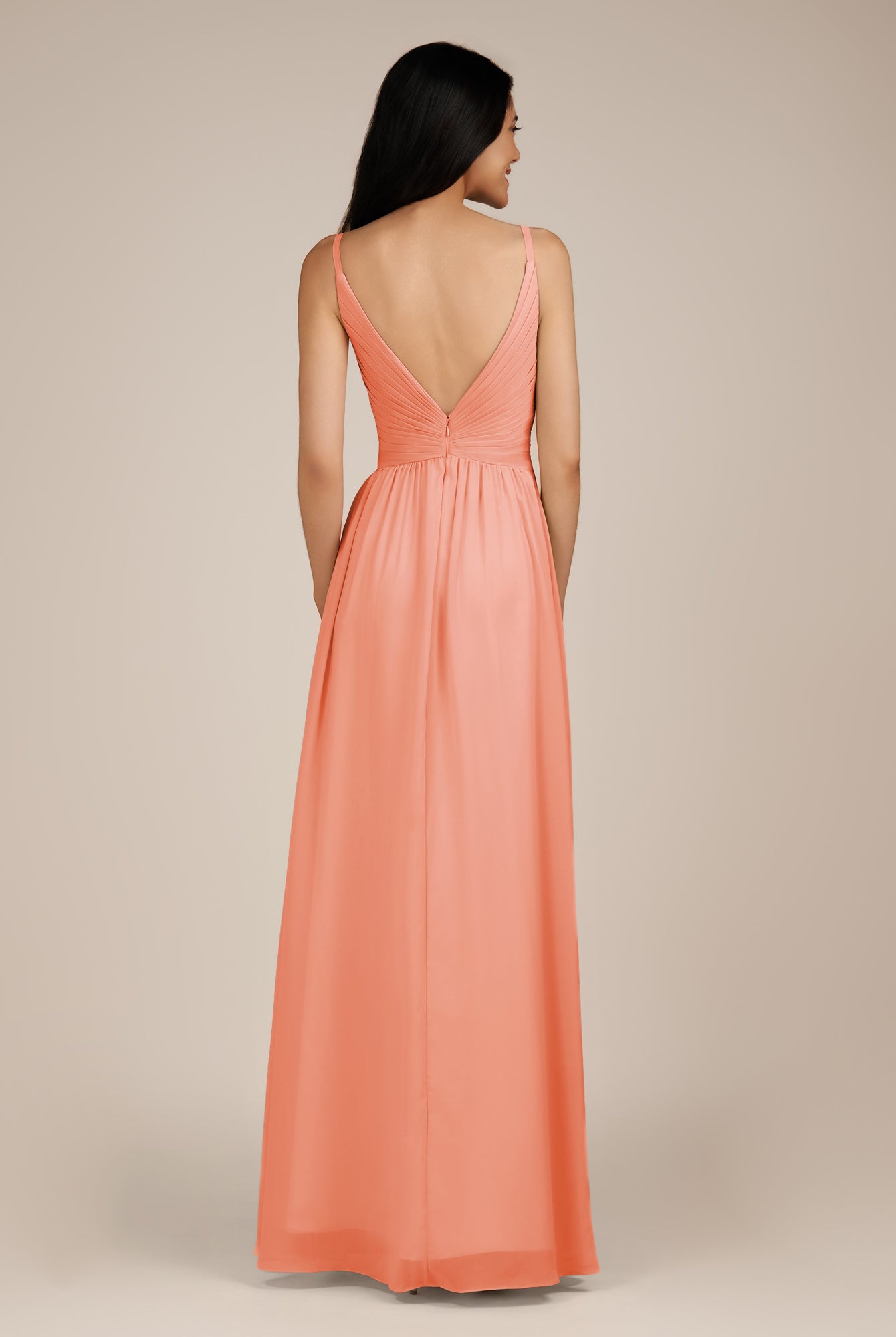 KissDress-Ophelia Rosette A Line Chiffon V Neck Long Bridesmaid Dress with Pleats