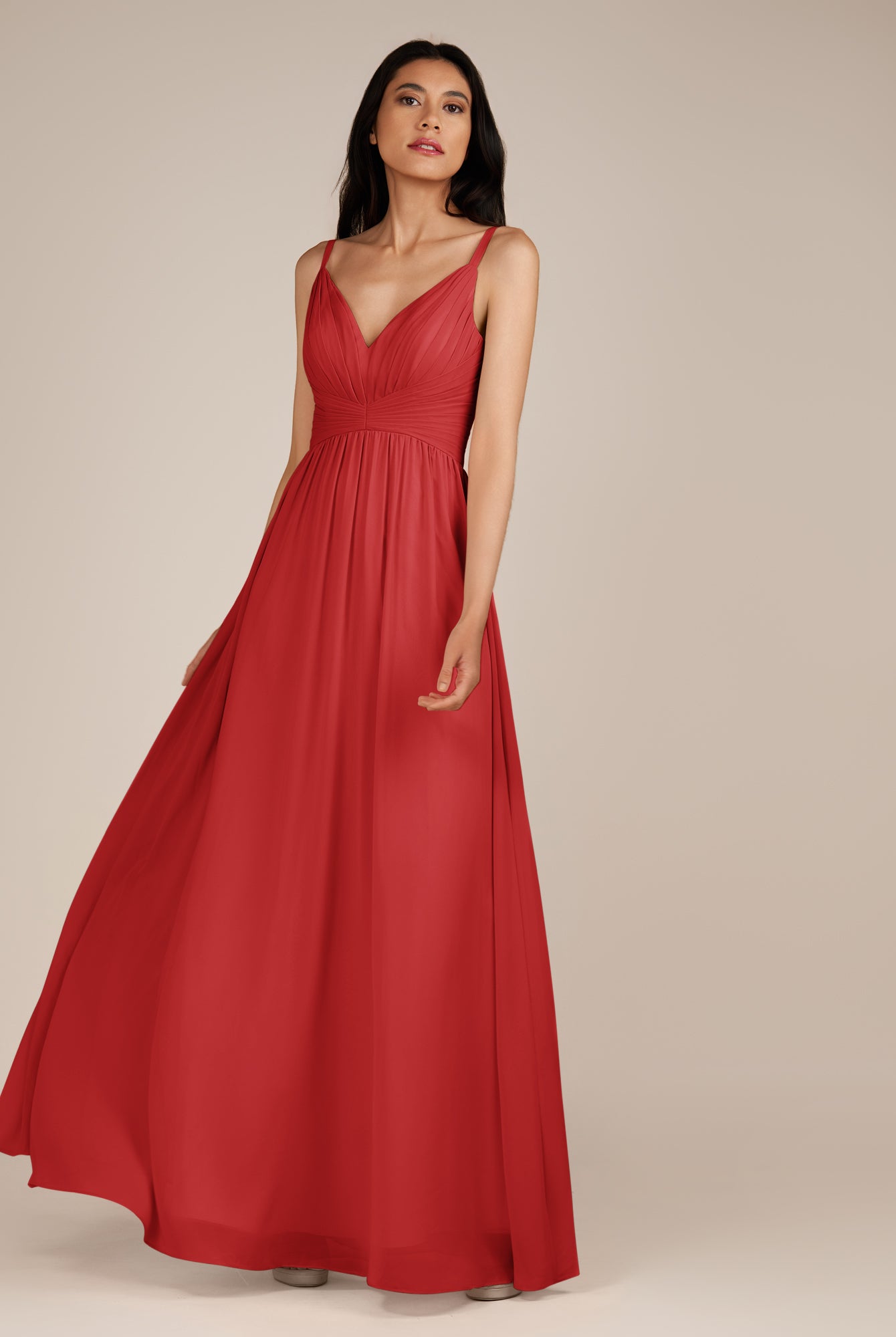 KissDress-Ophelia Ruby Red A Line Chiffon V Neck Long Bridesmaid Dress with Pleats