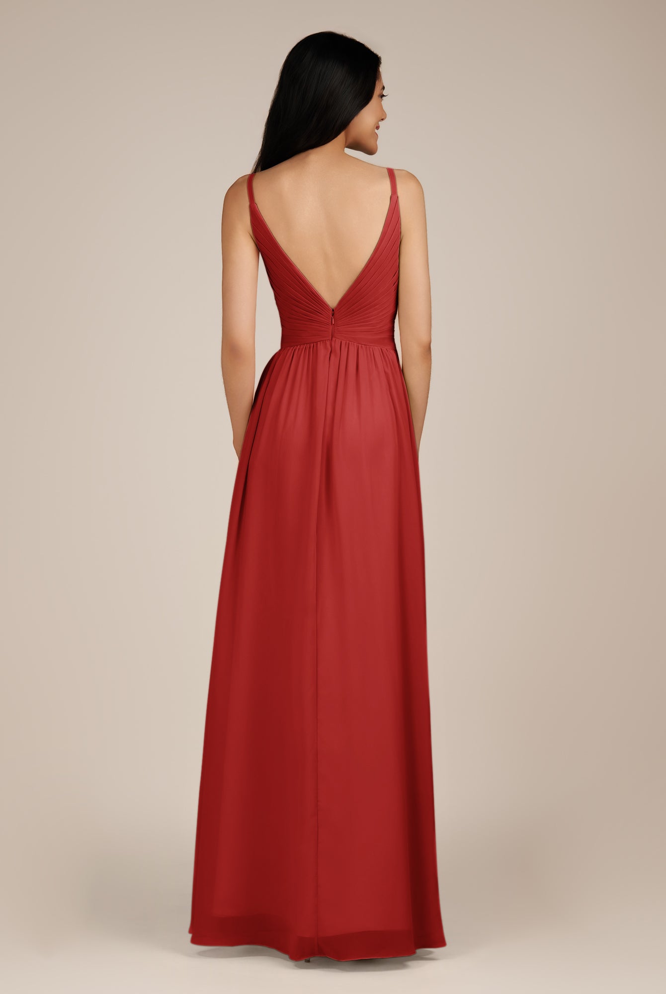 KissDress-Ophelia Ruby Red A Line Chiffon V Neck Long Bridesmaid Dress with Pleats