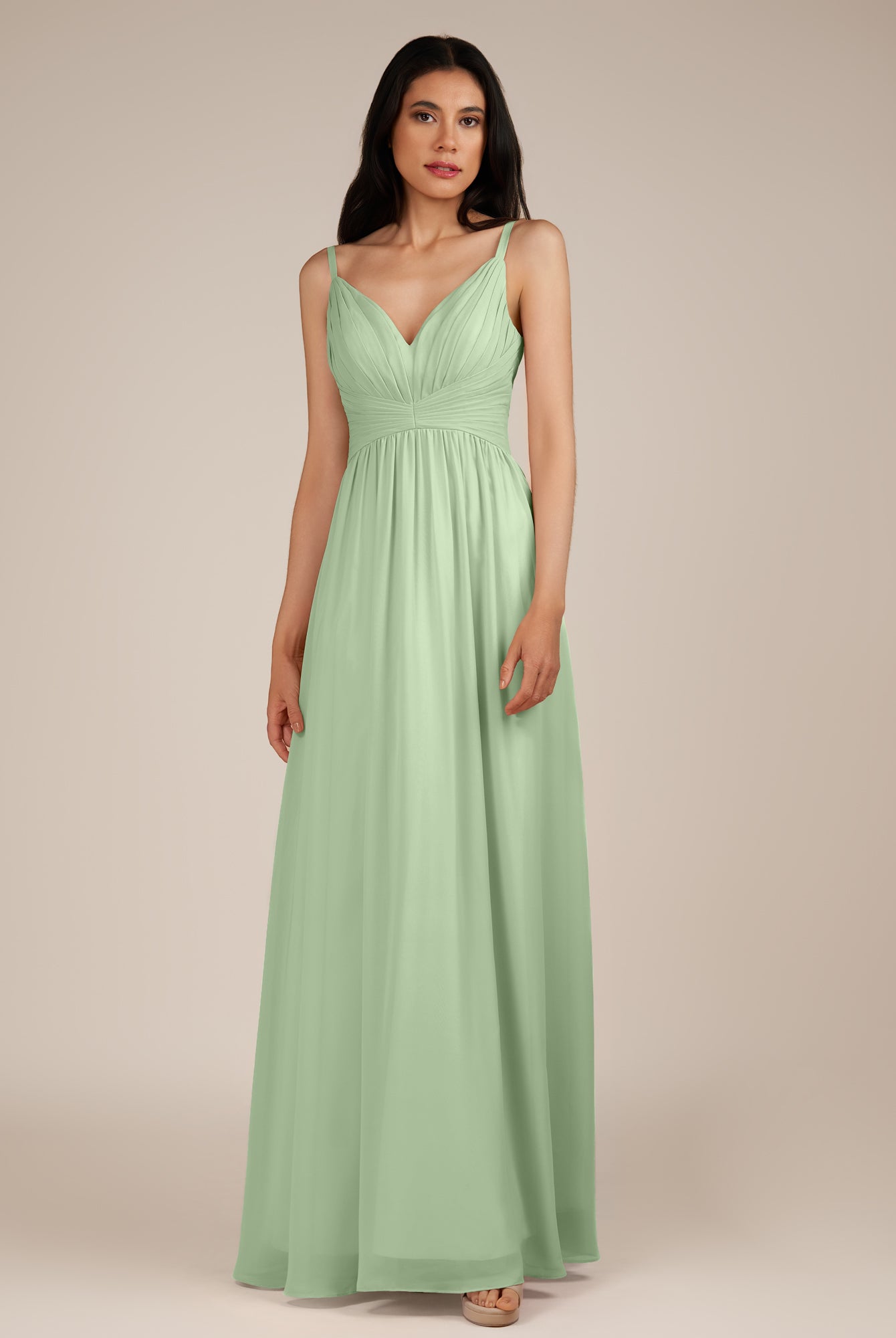 KissDress-Ophelia Sage A Line Chiffon V Neck Long Bridesmaid Dress with Pleats