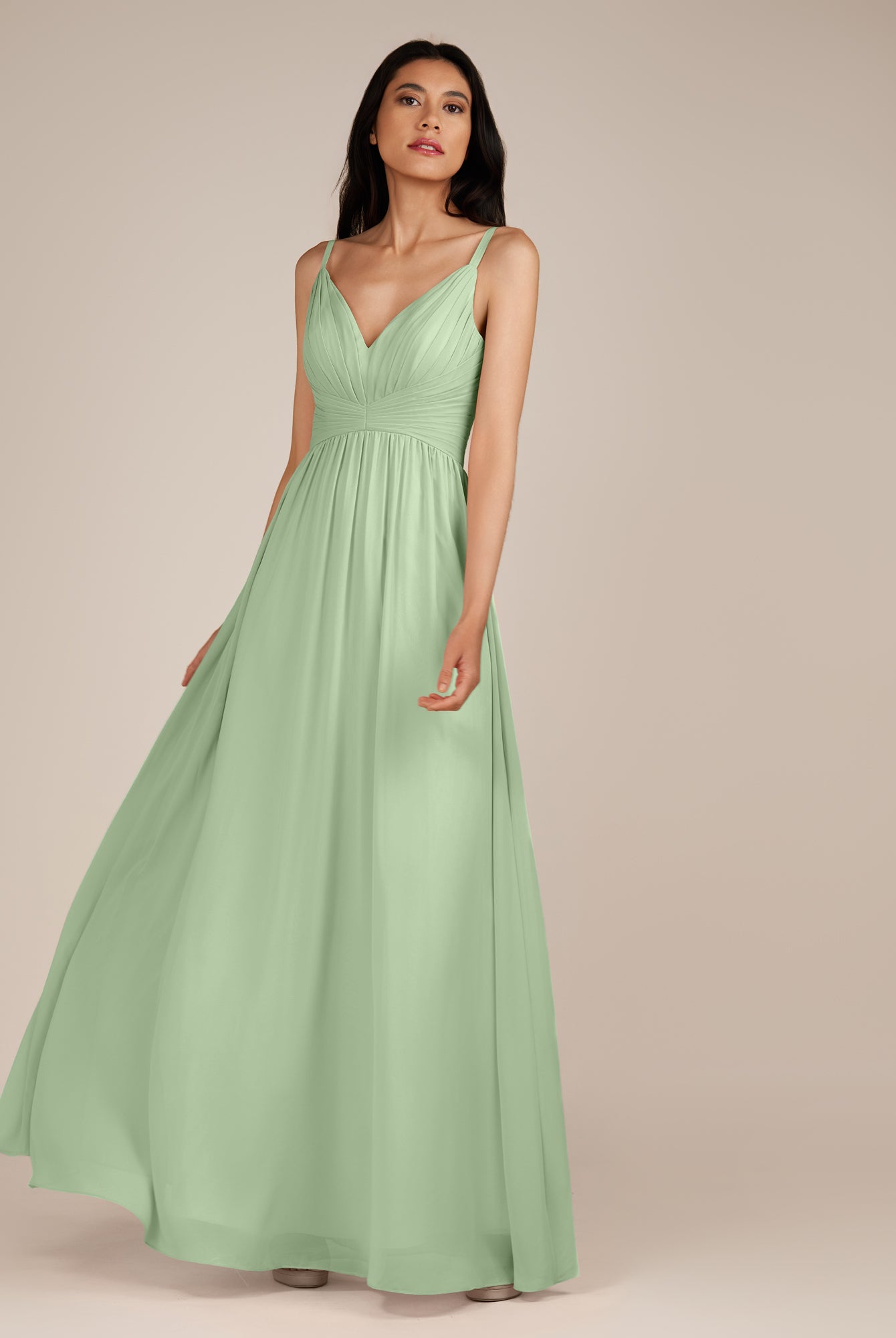KissDress-Ophelia Sage A Line Chiffon V Neck Long Bridesmaid Dress with Pleats