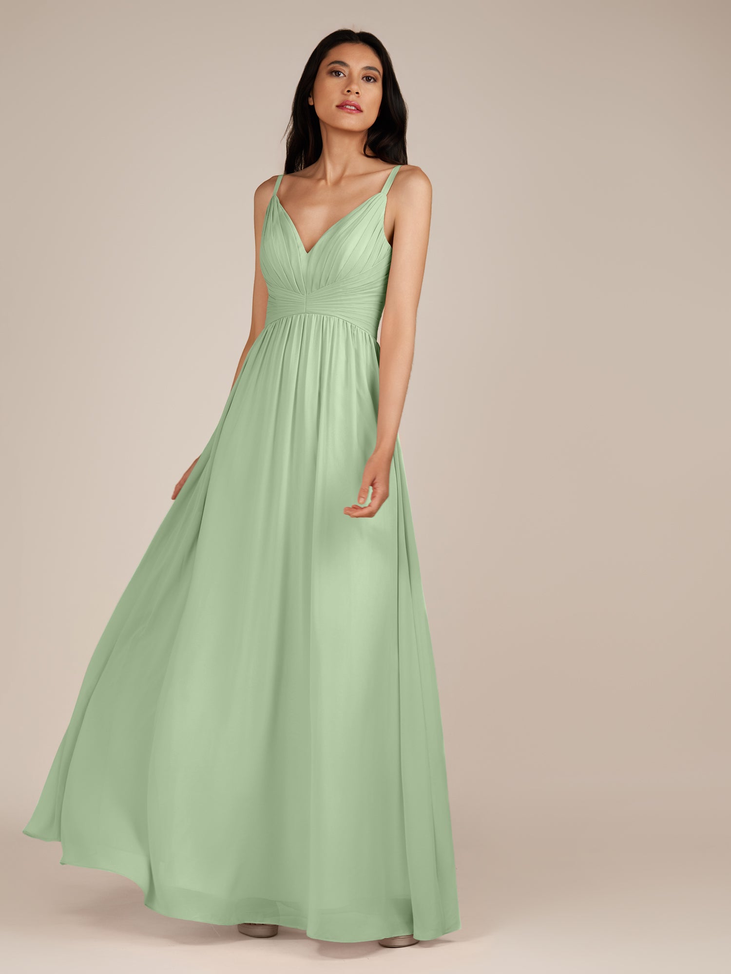 KissDress-Ophelia Sage A Line Chiffon V Neck Long Bridesmaid Dress with Pleats