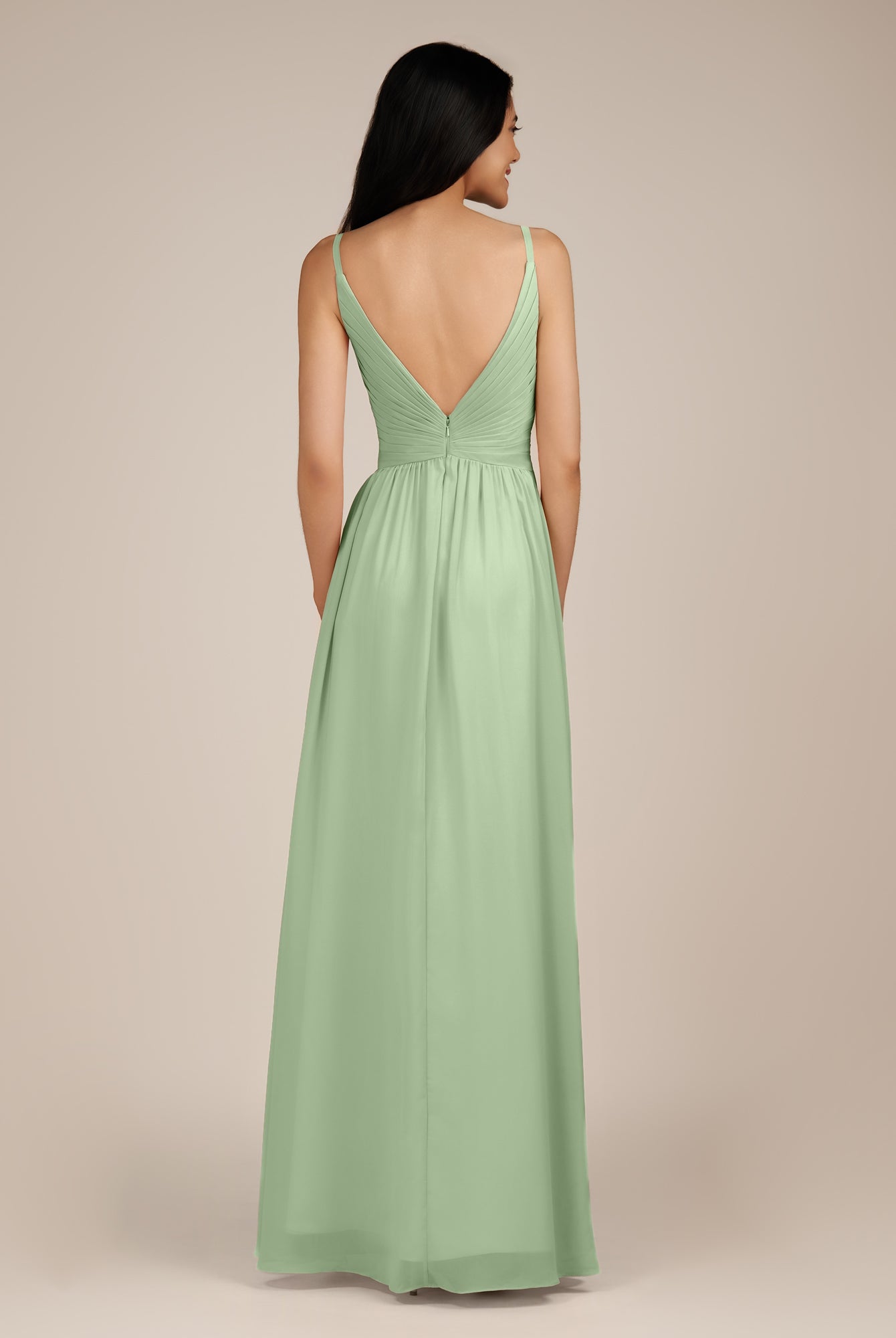 KissDress-Ophelia Sage A Line Chiffon V Neck Long Bridesmaid Dress with Pleats