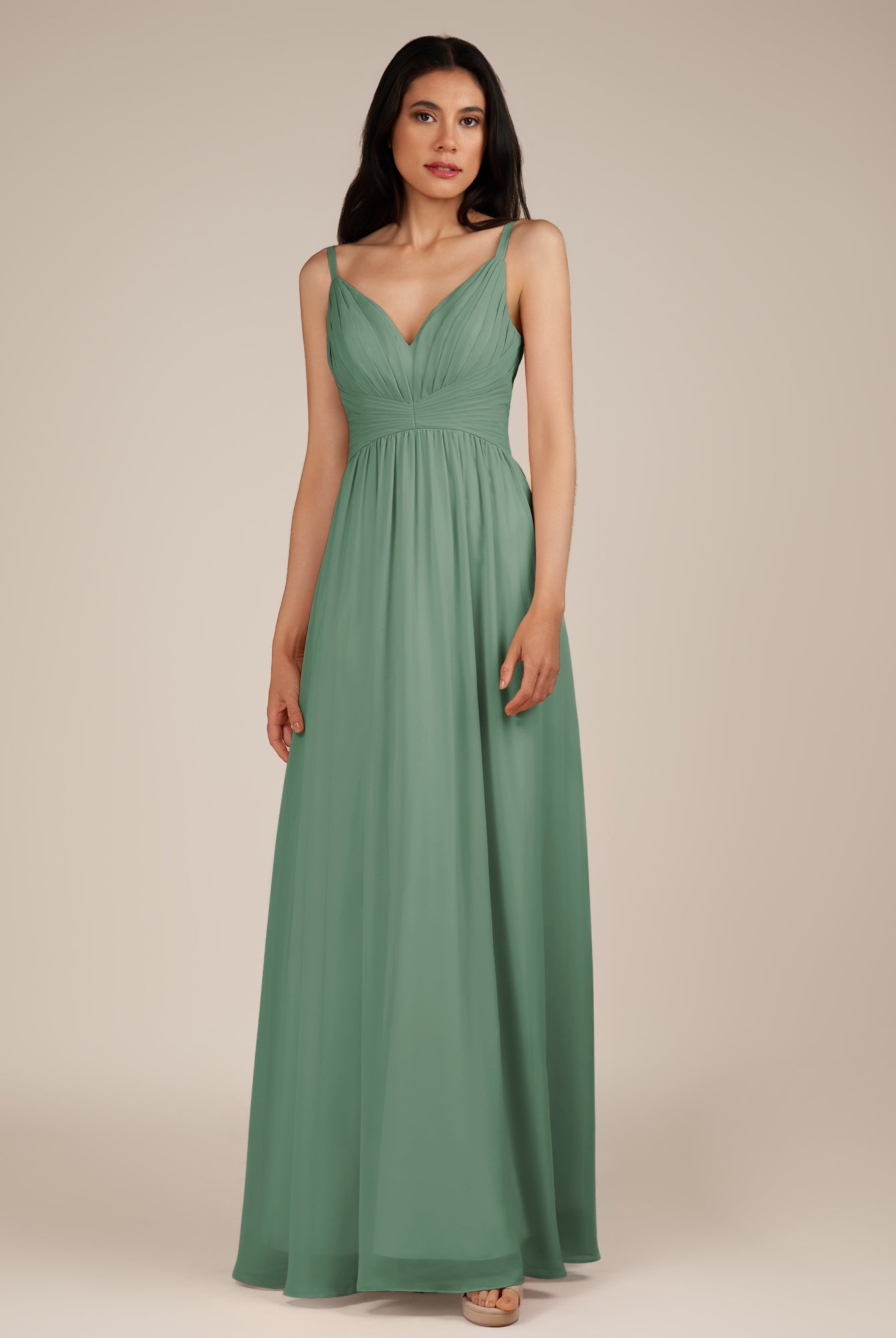 KissDress-Ophelia Sea Glass A Line Chiffon V Neck Long Bridesmaid Dress with Pleats