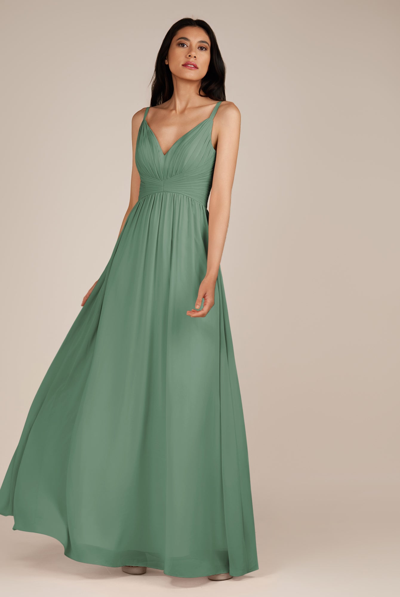 KissDress-Ophelia Sea Glass A Line Chiffon V Neck Long Bridesmaid Dress with Pleats