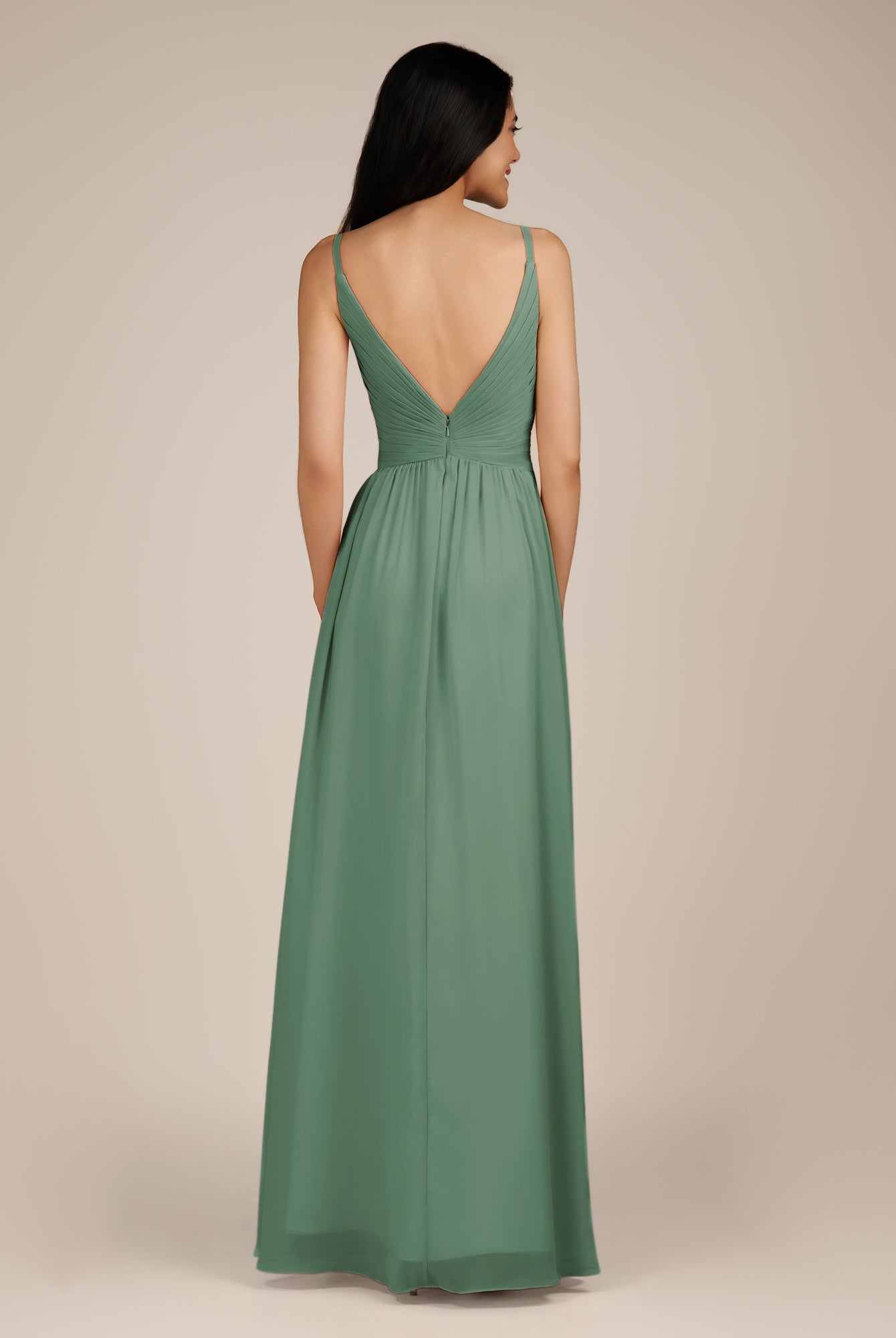 KissDress-Ophelia Sea Glass A Line Chiffon V Neck Long Bridesmaid Dress with Pleats