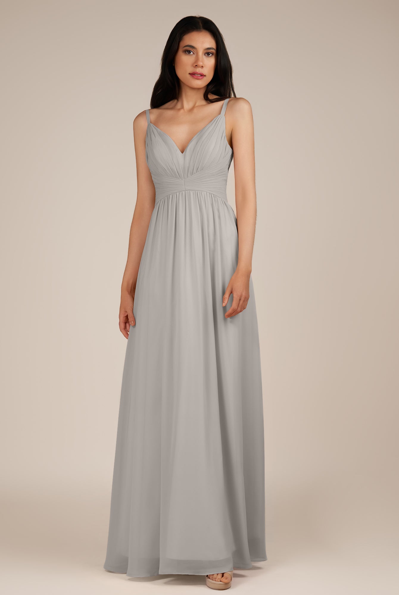 KissDress-Ophelia Silver A Line Chiffon V Neck Long Bridesmaid Dress with Pleats