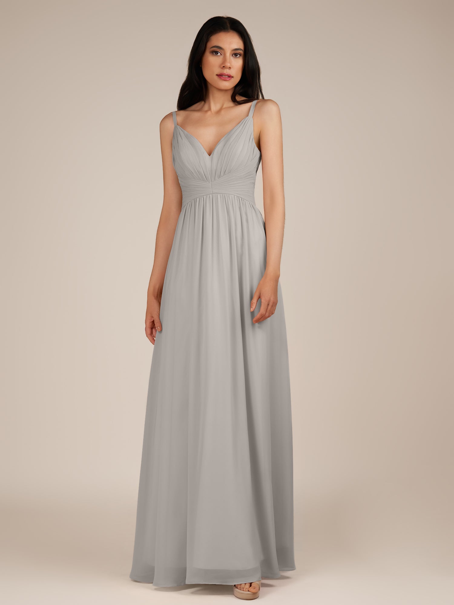 KissDress-Ophelia Silver A Line Chiffon V Neck Long Bridesmaid Dress with Pleats