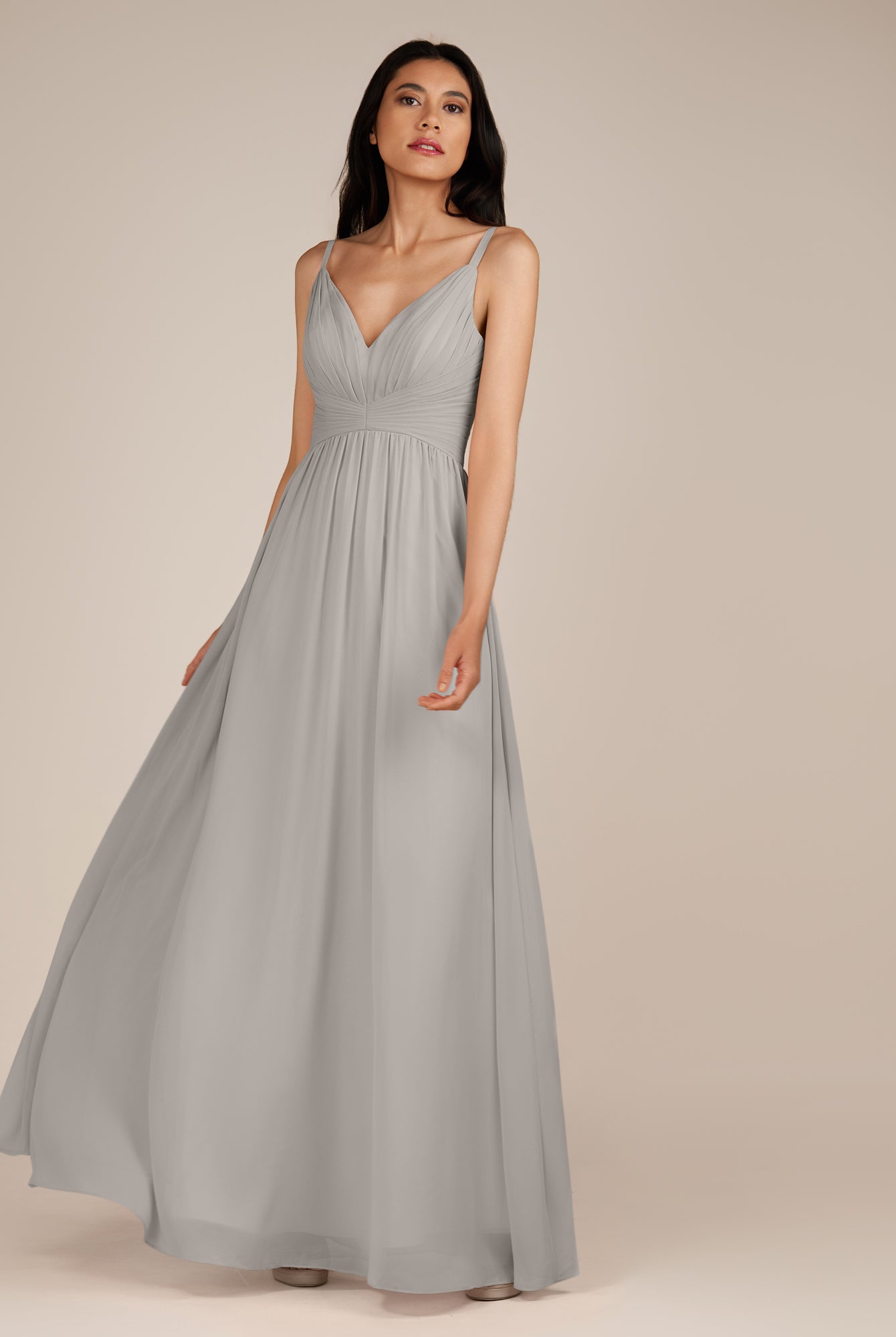 KissDress-Ophelia Silver A Line Chiffon V Neck Long Bridesmaid Dress with Pleats