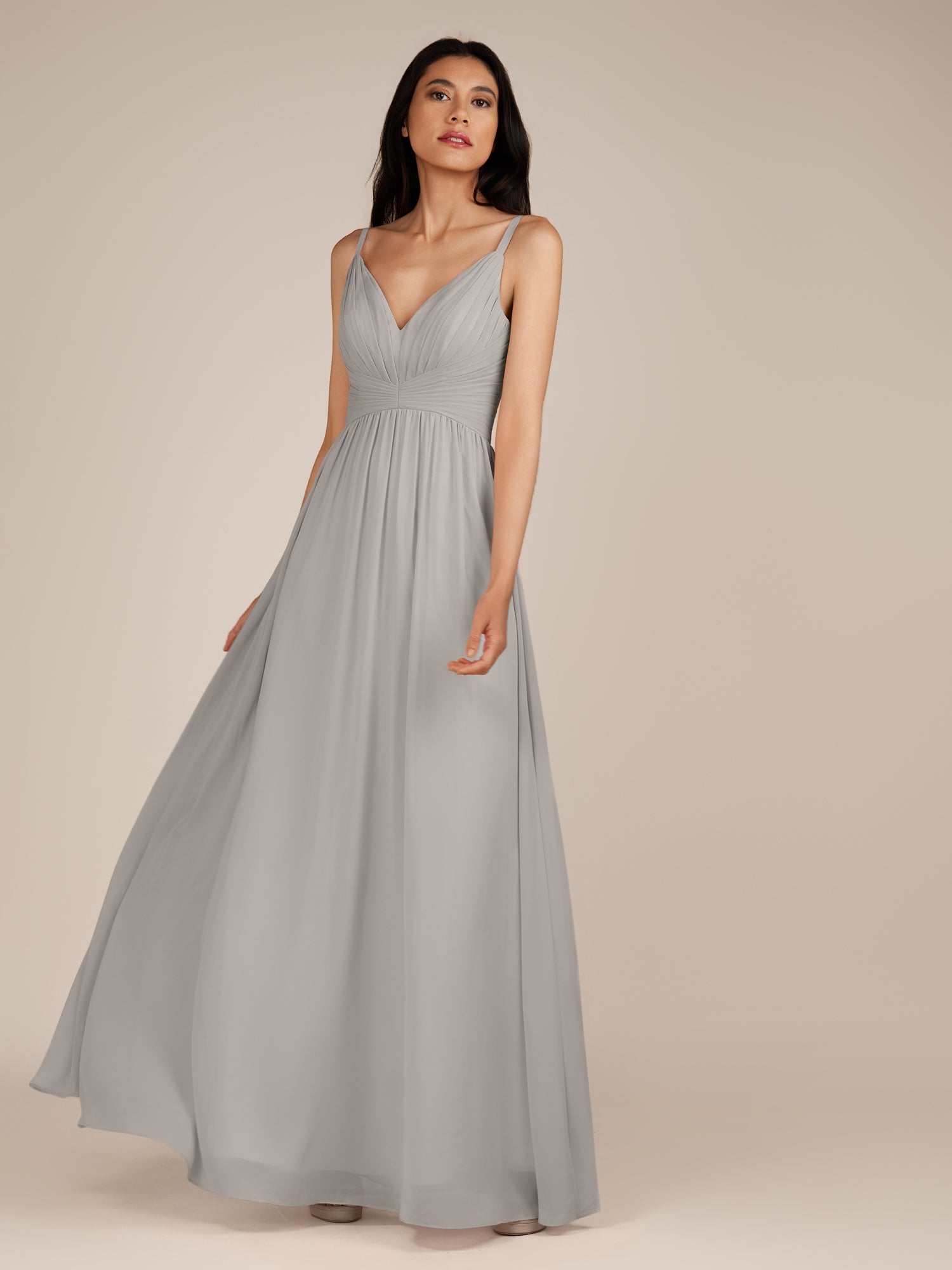 KissDress-Ophelia Silver A Line Chiffon V Neck Long Bridesmaid Dress with Pleats
