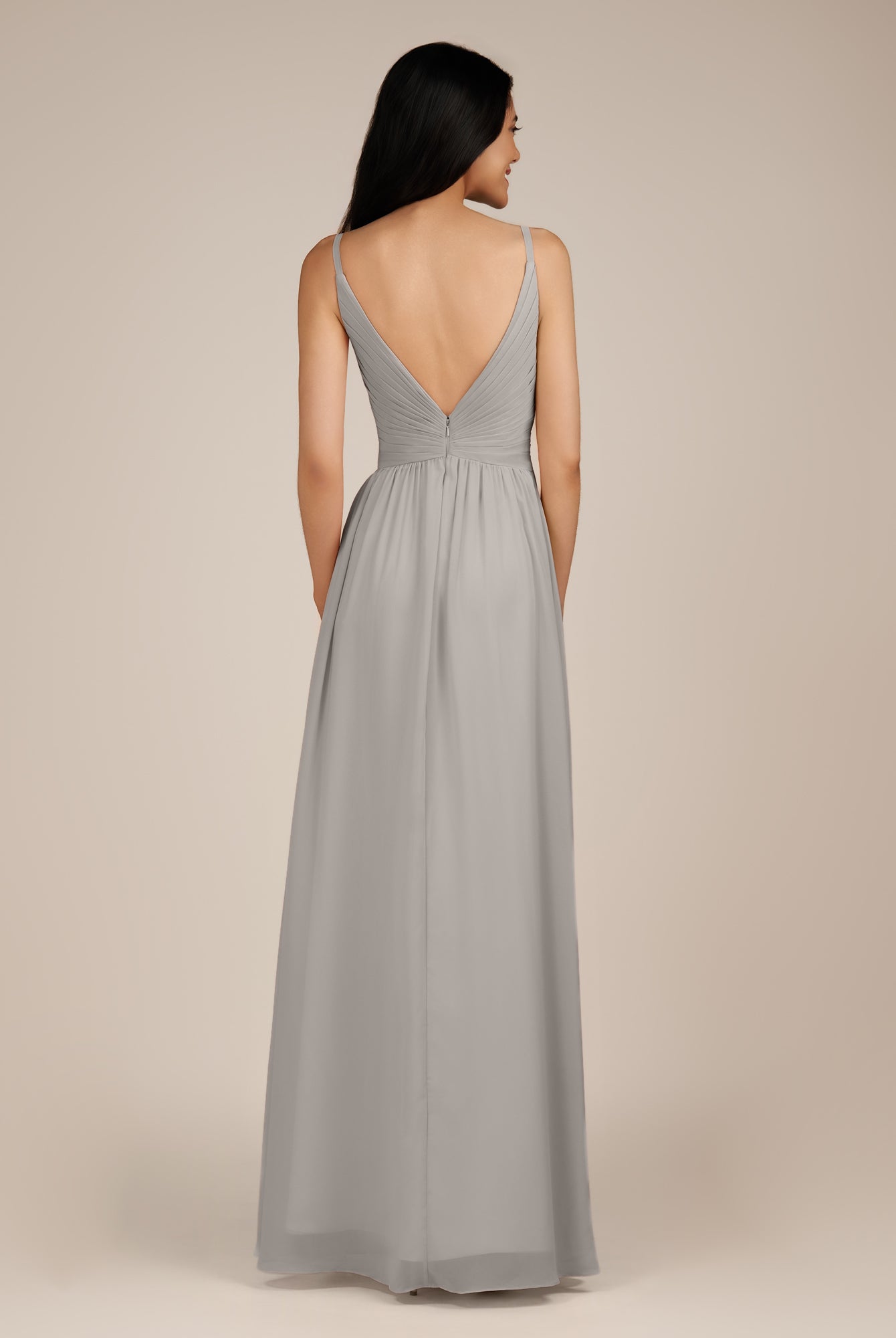 KissDress-Ophelia Silver A Line Chiffon V Neck Long Bridesmaid Dress with Pleats