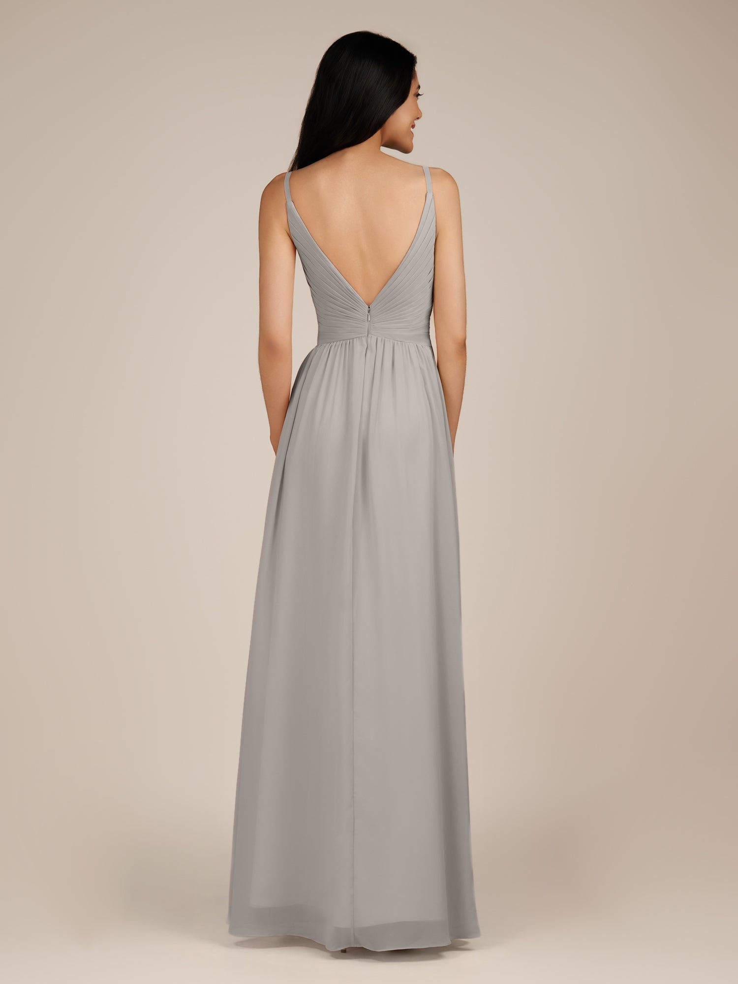 KissDress-Ophelia Silver A Line Chiffon V Neck Long Bridesmaid Dress with Pleats