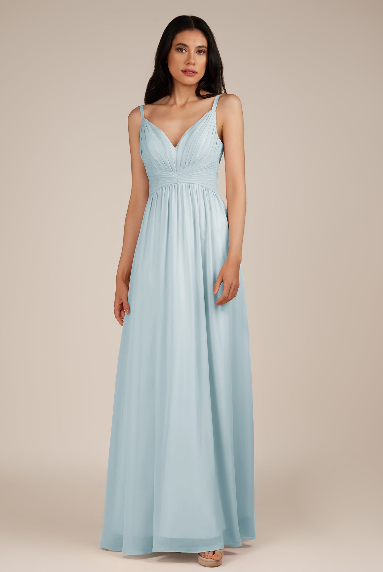 KissDress-Ophelia Sky Blue A Line Chiffon V Neck Long Bridesmaid Dress with Pleats