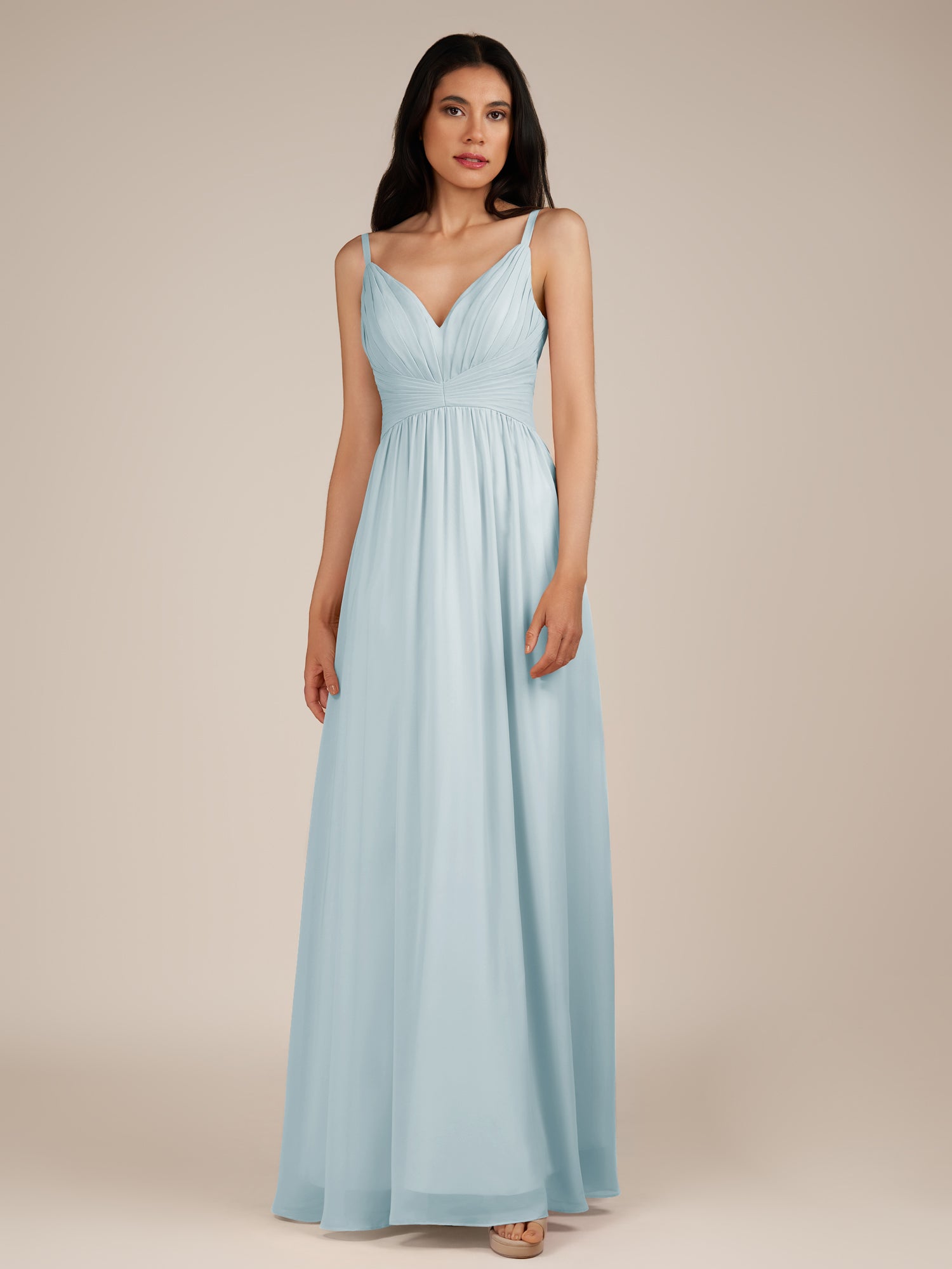 KissDress-Ophelia Sky Blue A Line Chiffon V Neck Long Bridesmaid Dress with Pleats