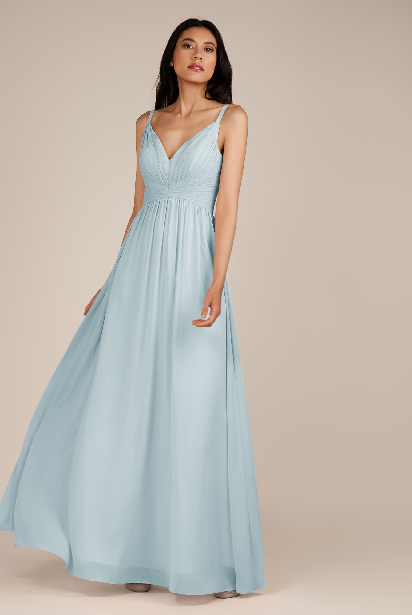 KissDress-Ophelia Sky Blue A Line Chiffon V Neck Long Bridesmaid Dress with Pleats