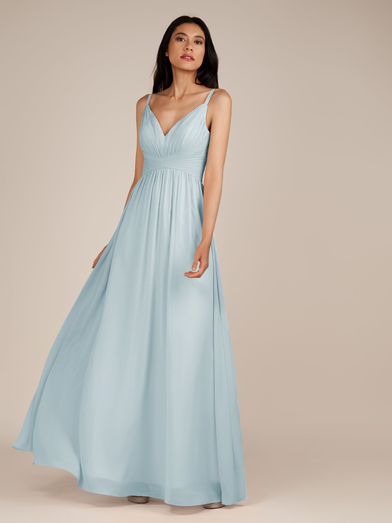 KissDress-Ophelia Sky Blue A Line Chiffon V Neck Long Bridesmaid Dress with Pleats