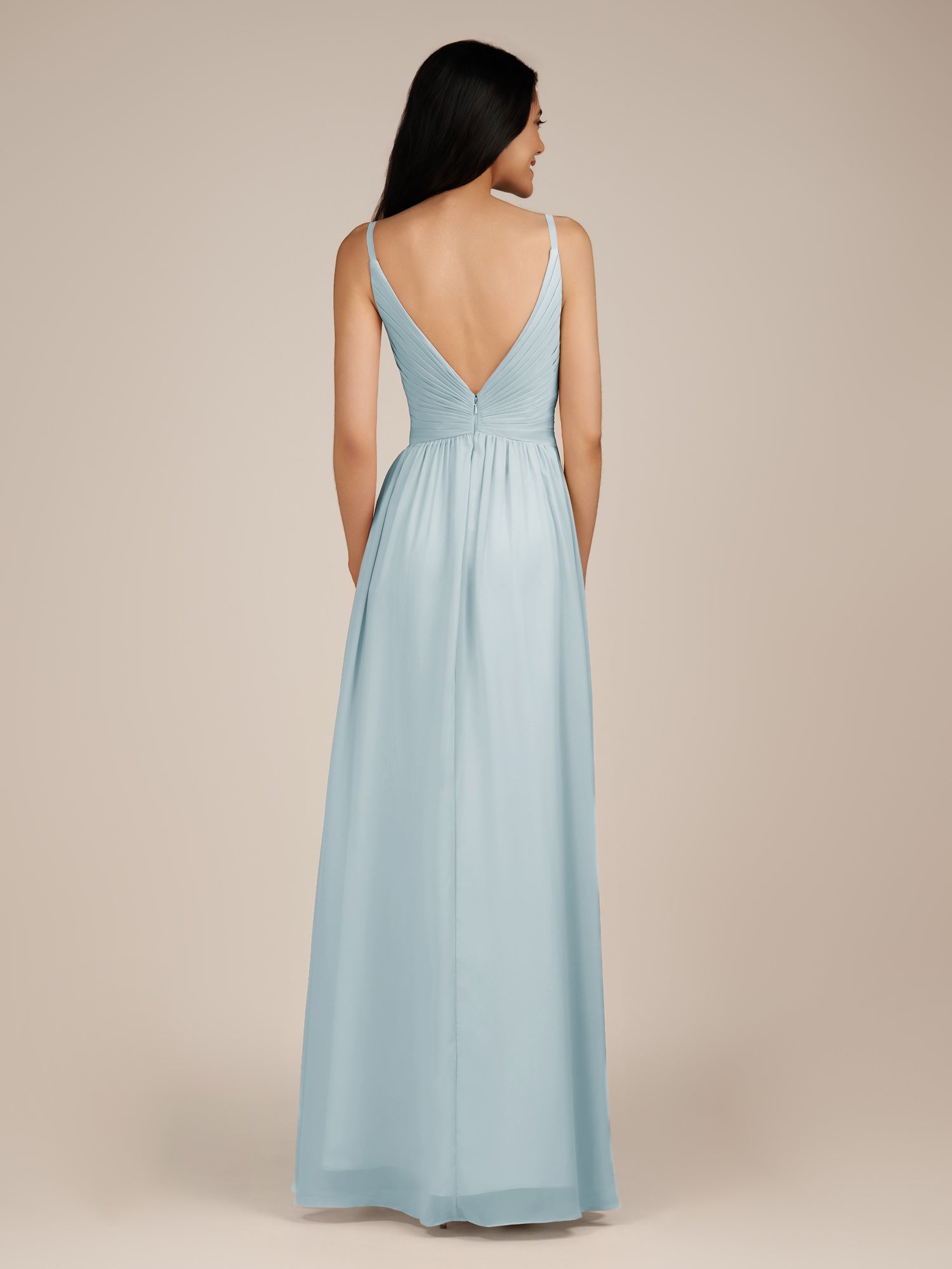 KissDress-Ophelia Sky Blue A Line Chiffon V Neck Long Bridesmaid Dress with Pleats