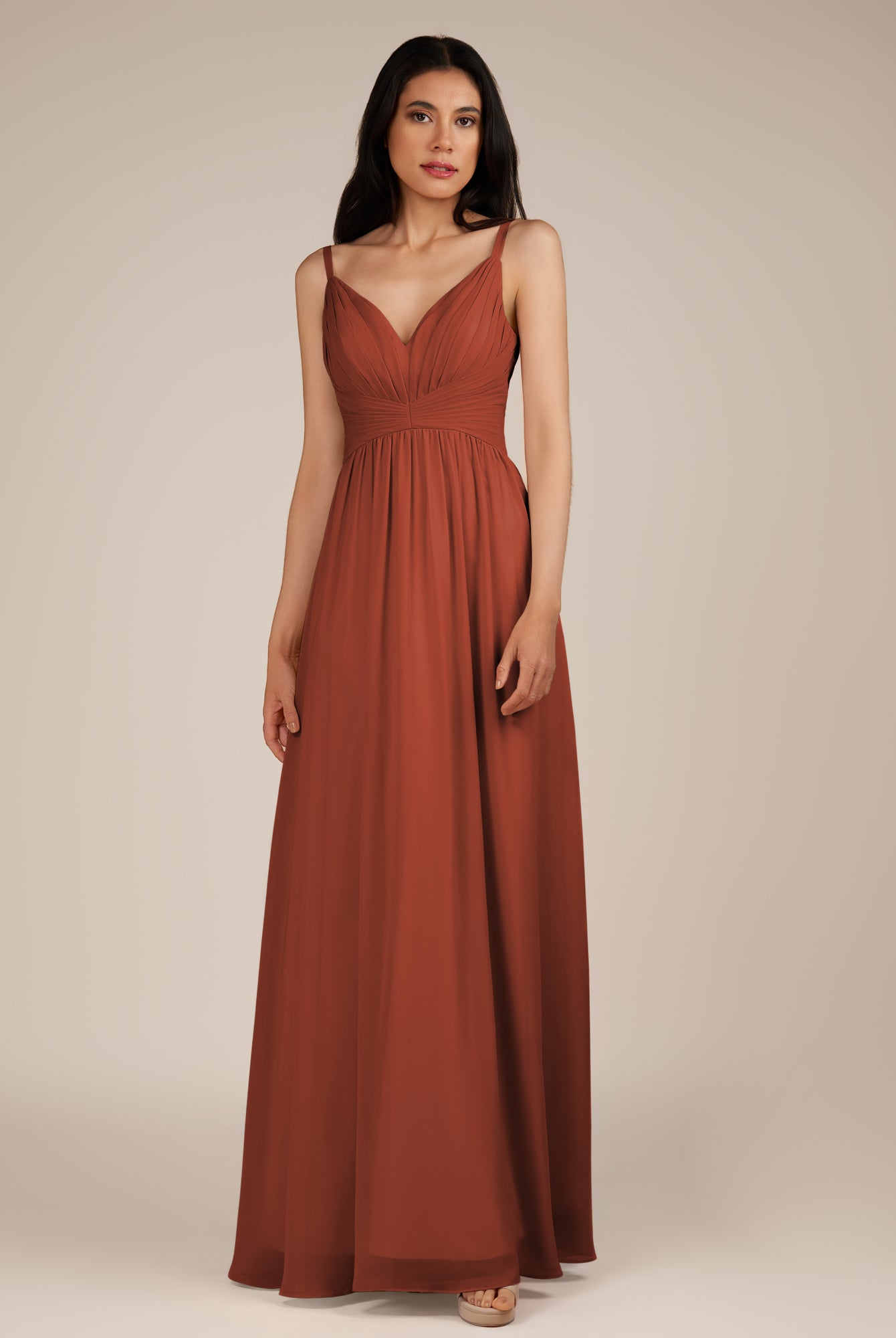 KissDress-Ophelia Spice A Line Chiffon V Neck Long Bridesmaid Dress with Pleats