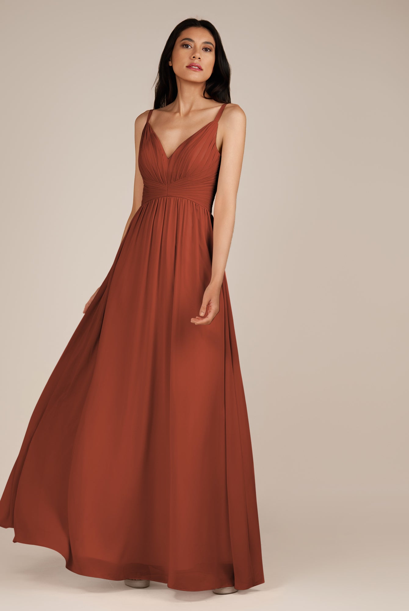 KissDress-Ophelia Spice A Line Chiffon V Neck Long Bridesmaid Dress with Pleats