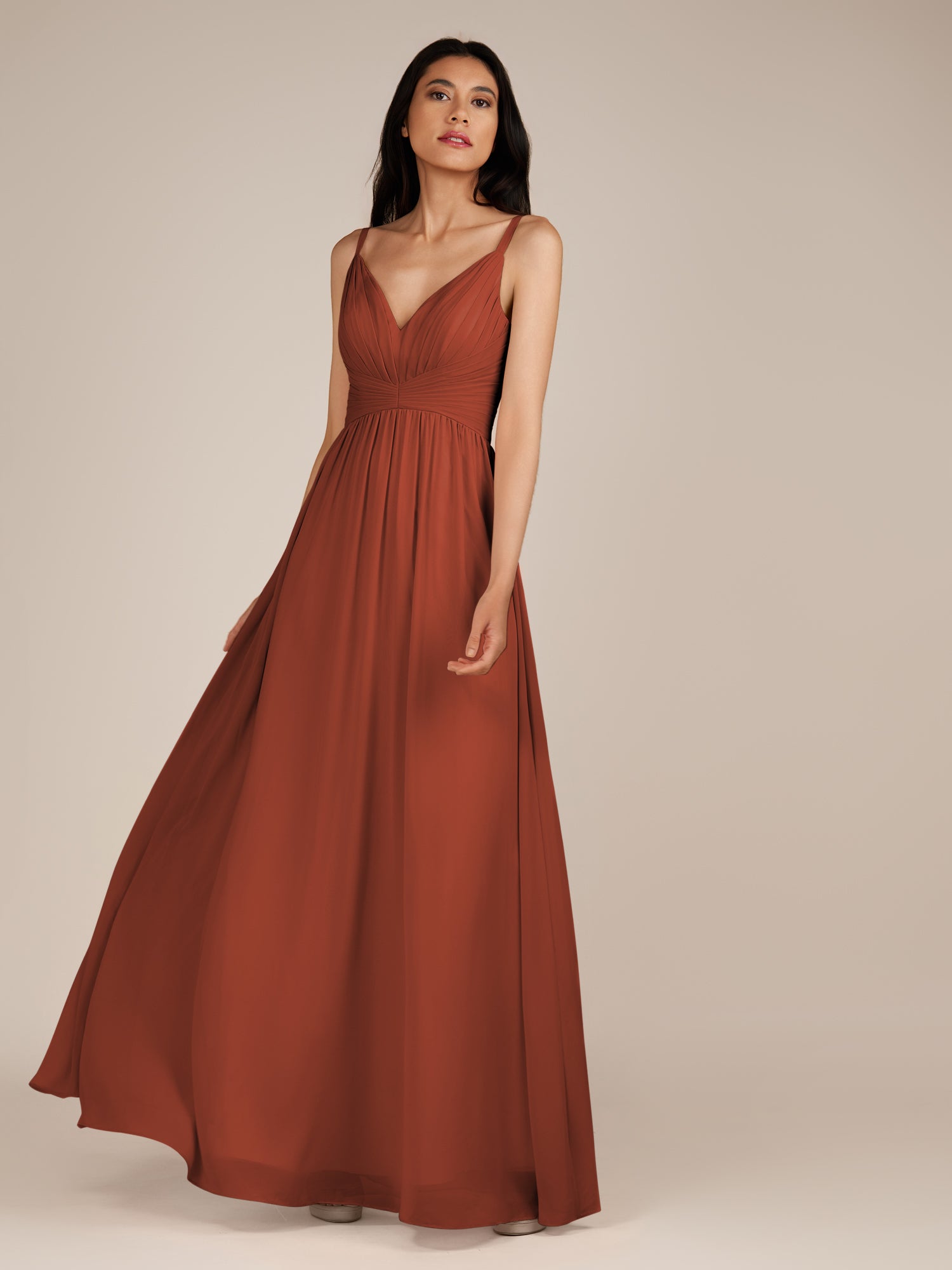 KissDress-Ophelia Spice A Line Chiffon V Neck Long Bridesmaid Dress with Pleats