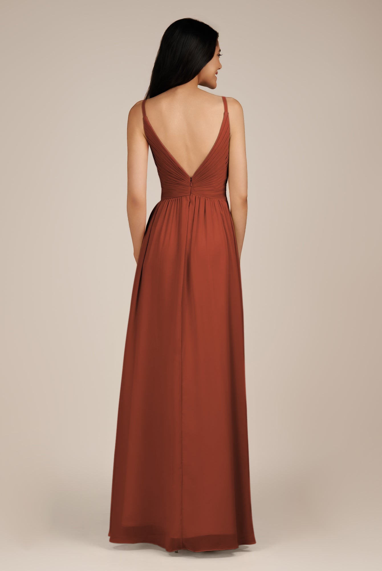 KissDress-Ophelia Spice A Line Chiffon V Neck Long Bridesmaid Dress with Pleats