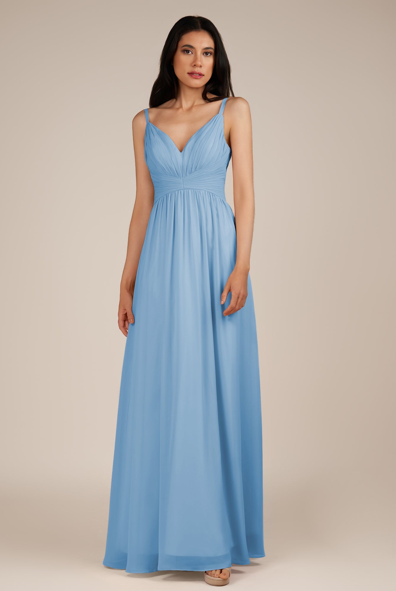 KissDress-Ophelia Steel Blue A Line Chiffon V Neck Long Bridesmaid Dress with Pleats