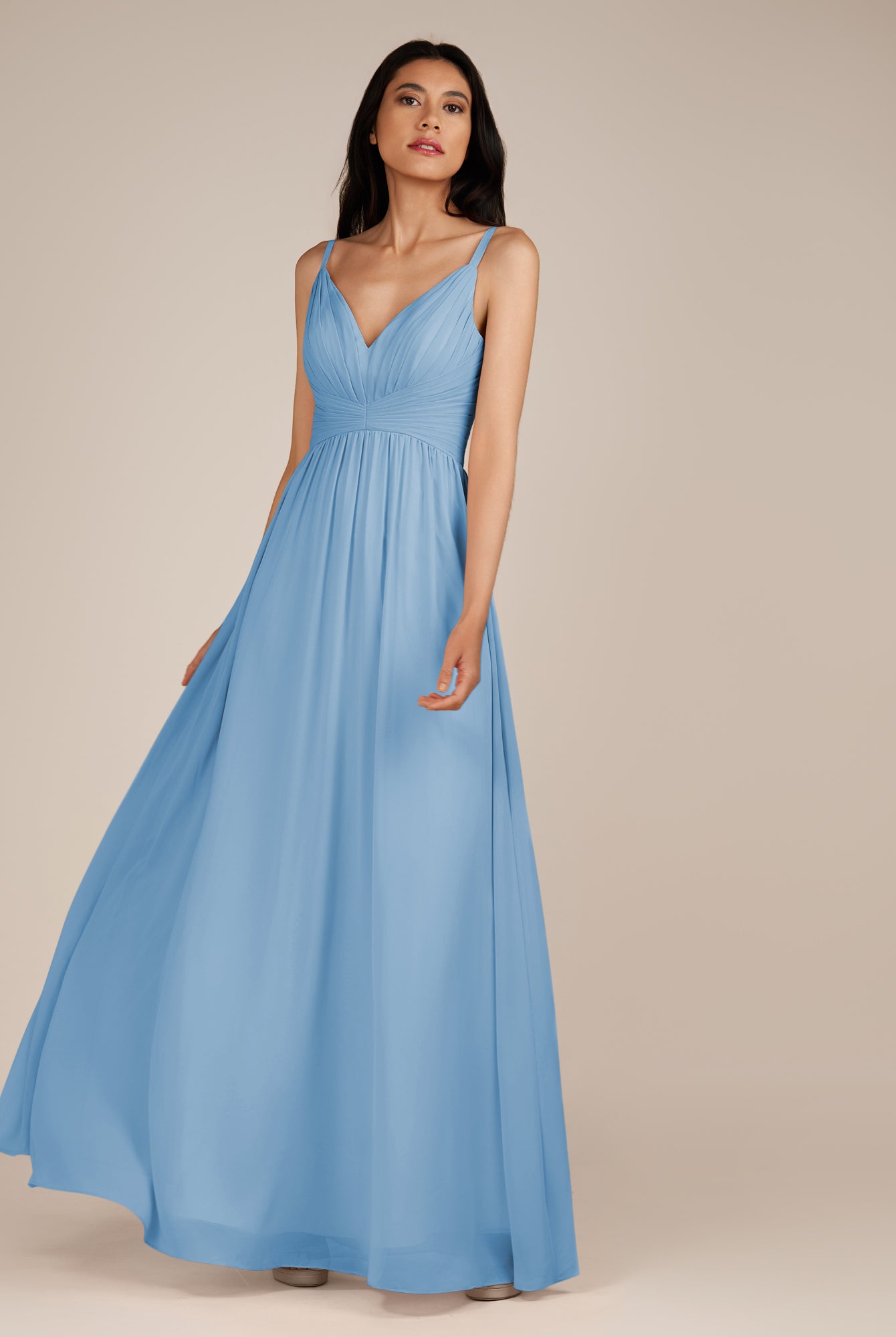 KissDress-Ophelia Steel Blue A Line Chiffon V Neck Long Bridesmaid Dress with Pleats