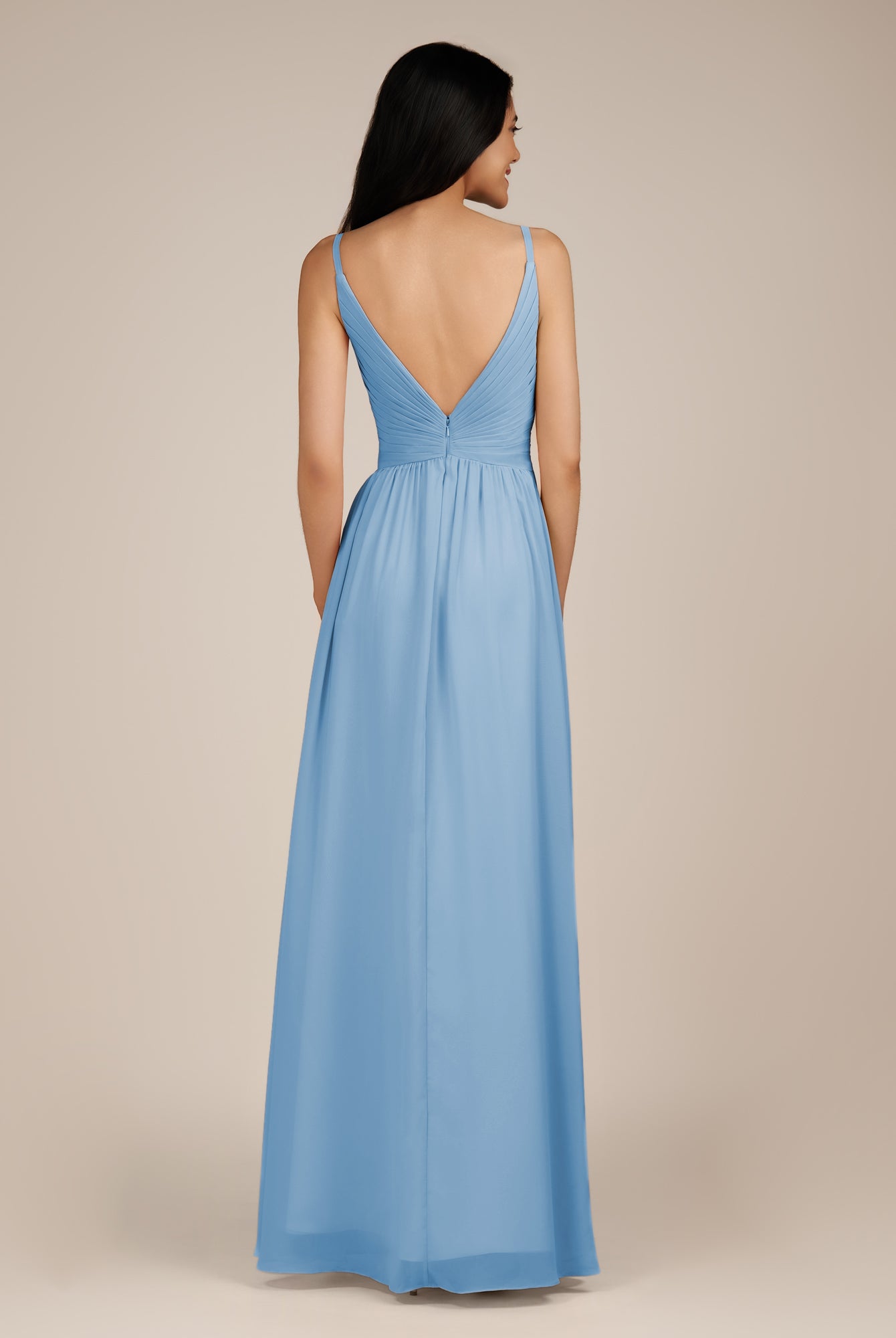 KissDress-Ophelia Steel Blue A Line Chiffon V Neck Long Bridesmaid Dress with Pleats