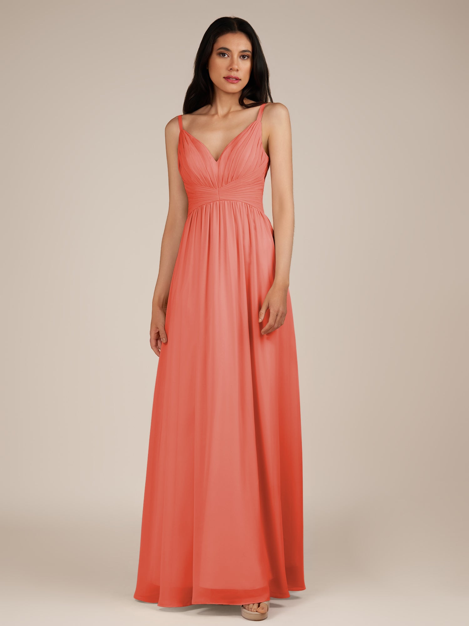 KissDress-Ophelia Sunset A Line Chiffon V Neck Long Bridesmaid Dress with Pleats